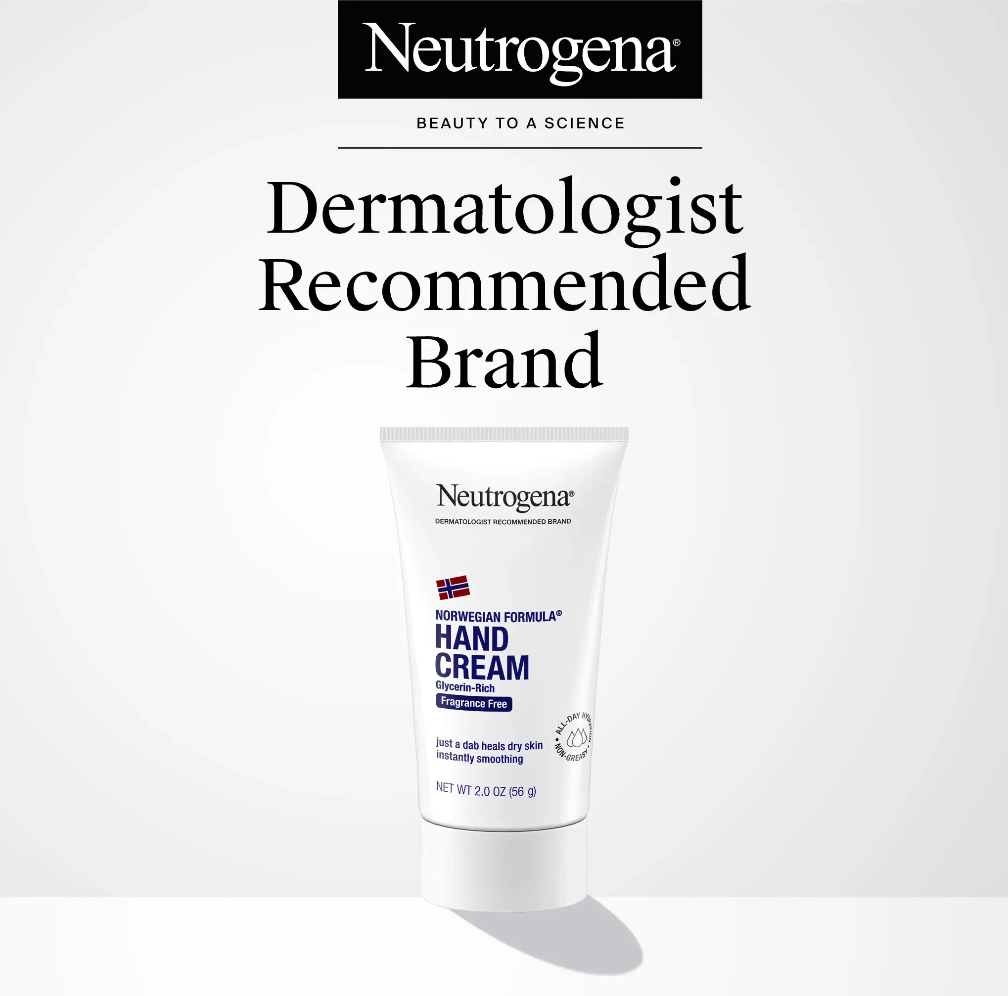 Neutrogena® Norwegian Formula Hand Cream tube centered under the text: "Dermatologist Recommended Brand."