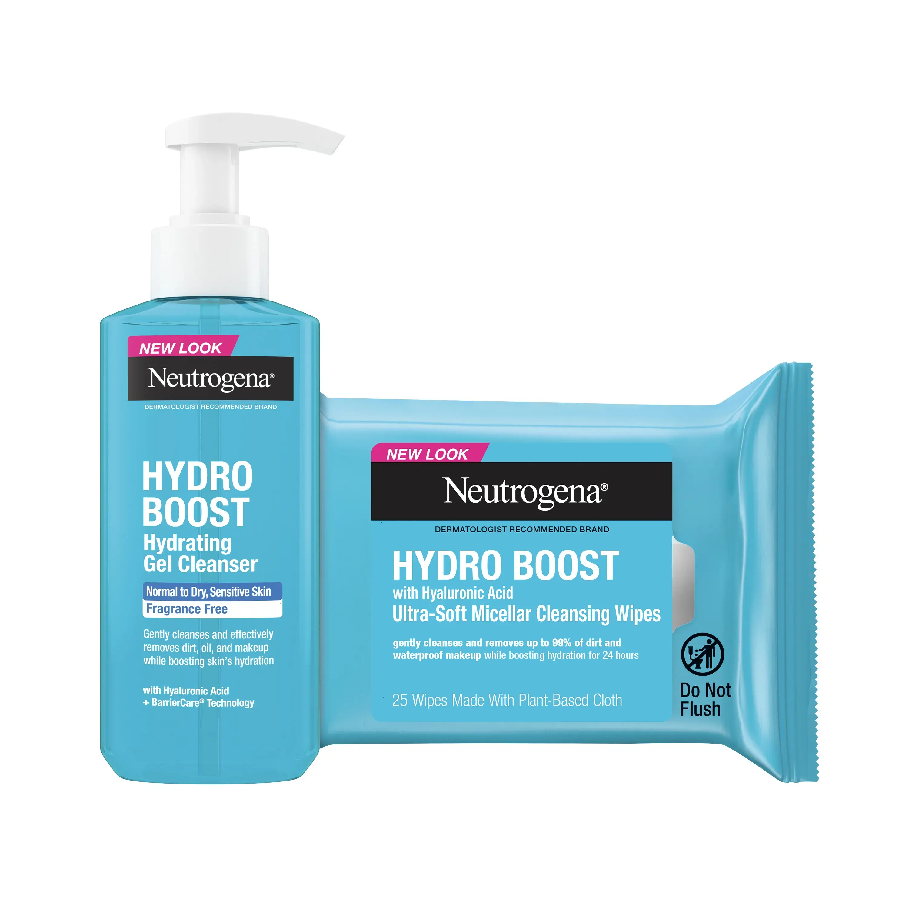 Neutrogena® Hydration Boost Cleansing Regimen Duo with Hydrating Fragrance Free Gel Cleanser & Cleansing Wipes With Hyaluronic Acid individual product packaging