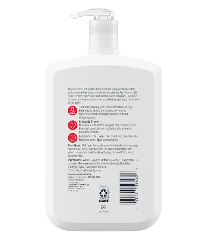 Neutrogena Ultra Gentle Daily Cleanser with Pro-Vitamin B5 for Acne Prone Skin, Fragrance-Free