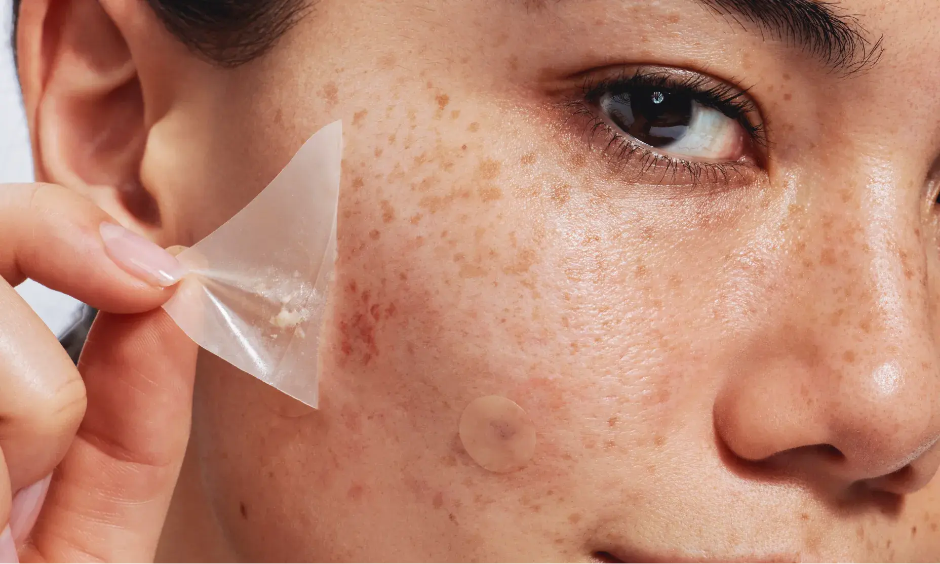 A close-up of a person's cheek as they peel off a clear Neutrogena Sensitive Skin Triangle acne patch.