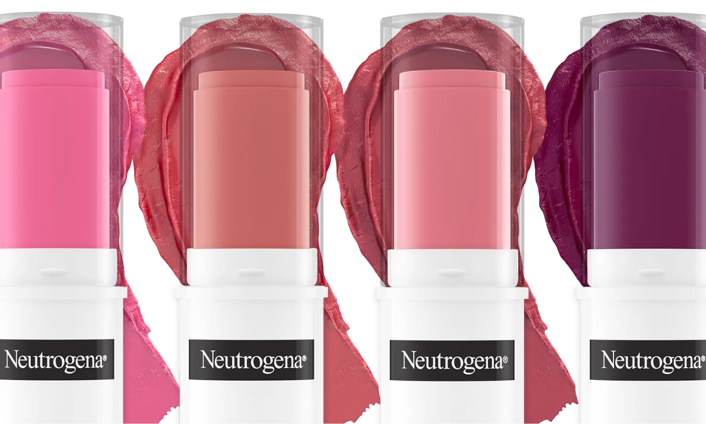 Neutrogena® Healthy Glow Blush Stick assorted shades with a texture swatch of each in the background