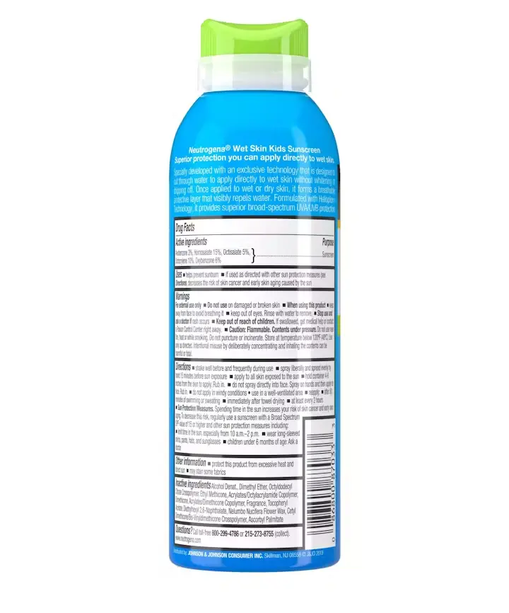 Wet Skin Kids Sunscreen Spray Broad Spectrum SPF 70+, back of the package