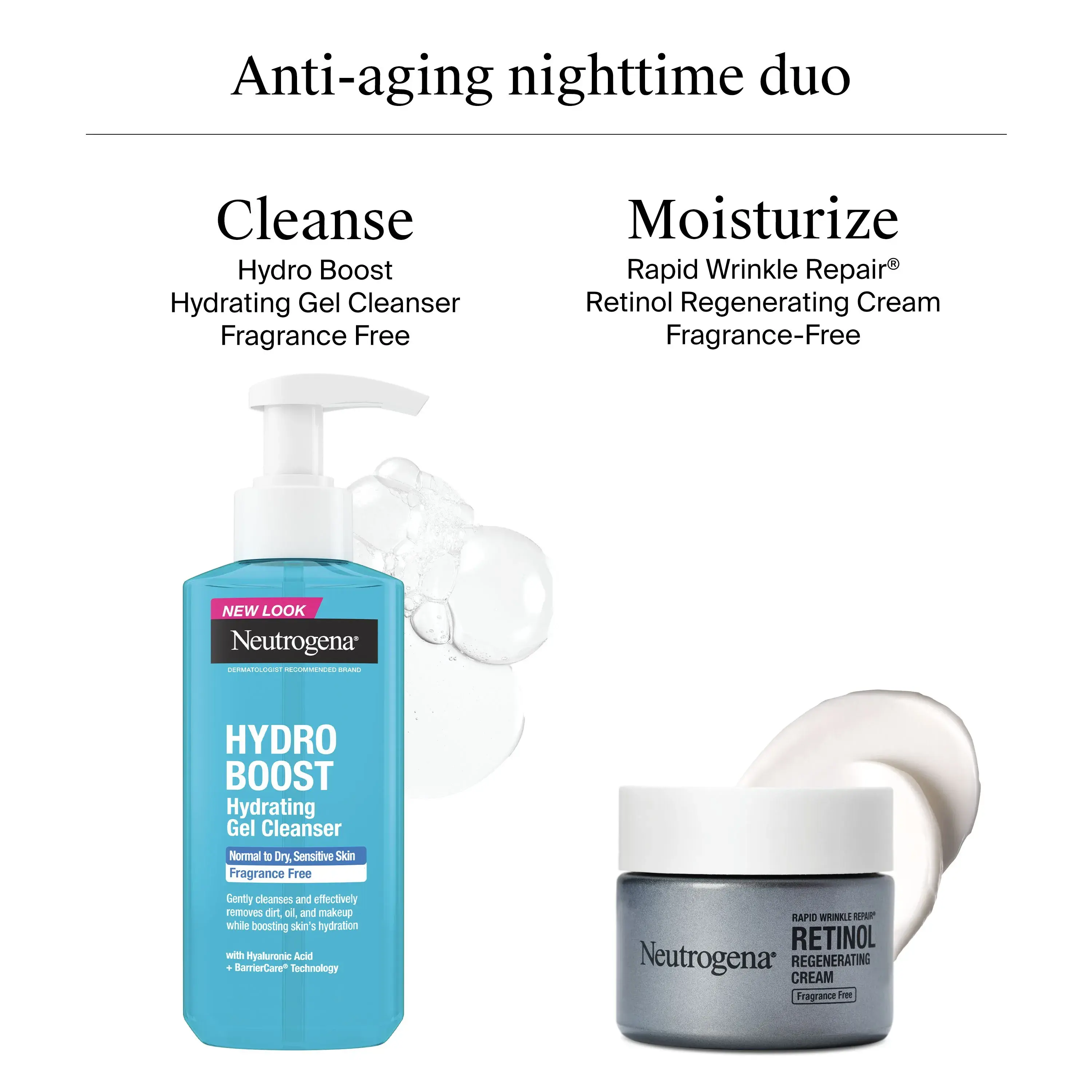 Neutrogena® Anti-Aging Nighttime Duo: Cleanse with Hydro Boost Foaming Gel Cleanser then Moisturize with Rapid Wrinkle Repair Moisturizer