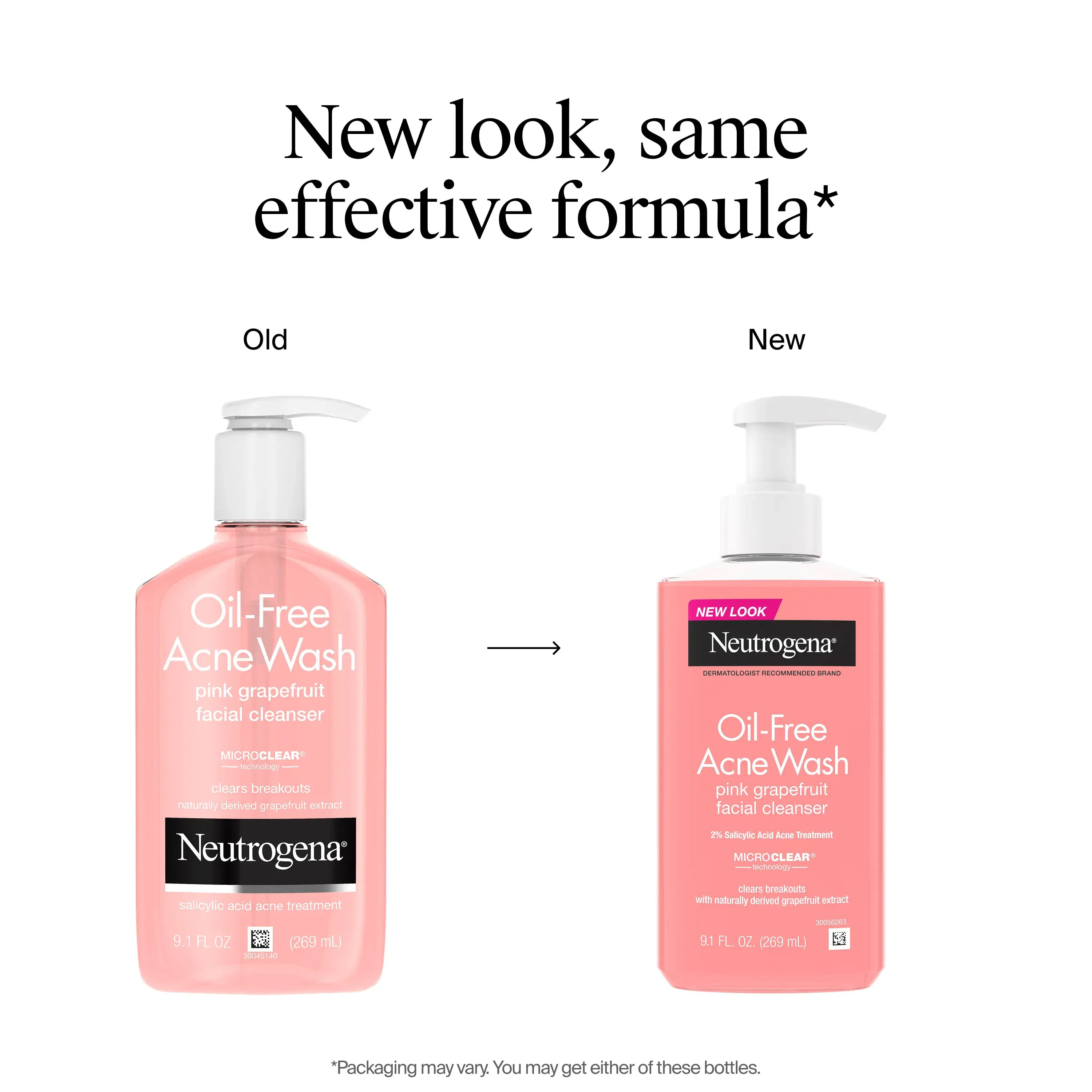 Change of packaging for Neutrogena Oil-Free Acne Wash Pink Grapefruit Facial Cleanser 9.1 Fl. Oz showing new bottle but same formula