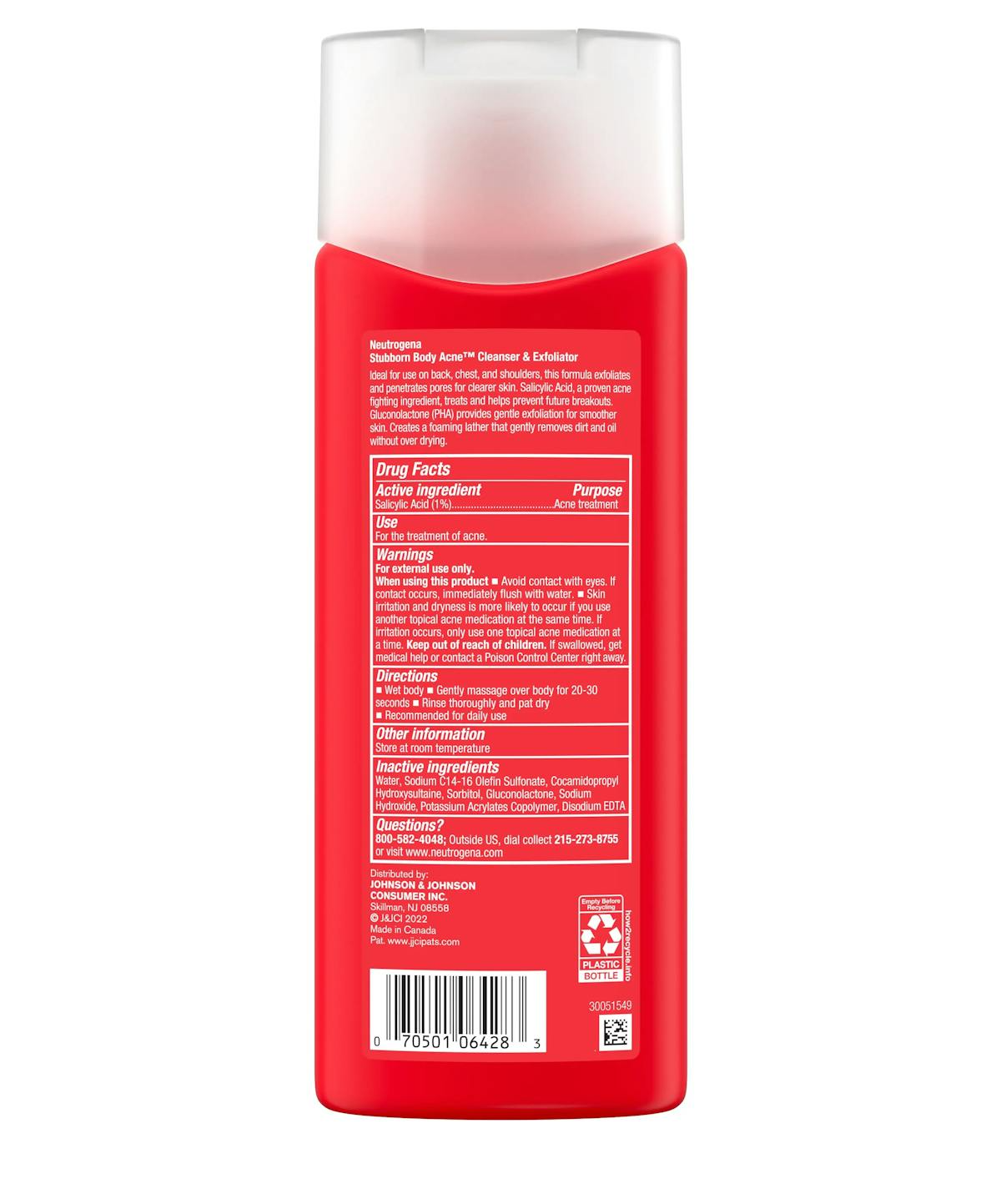 Stubborn Body Acne Cleanser & Exfoliator, back of the package