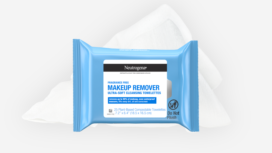 Neutrogena makeup remover cleansing wipes in front of stylized background.