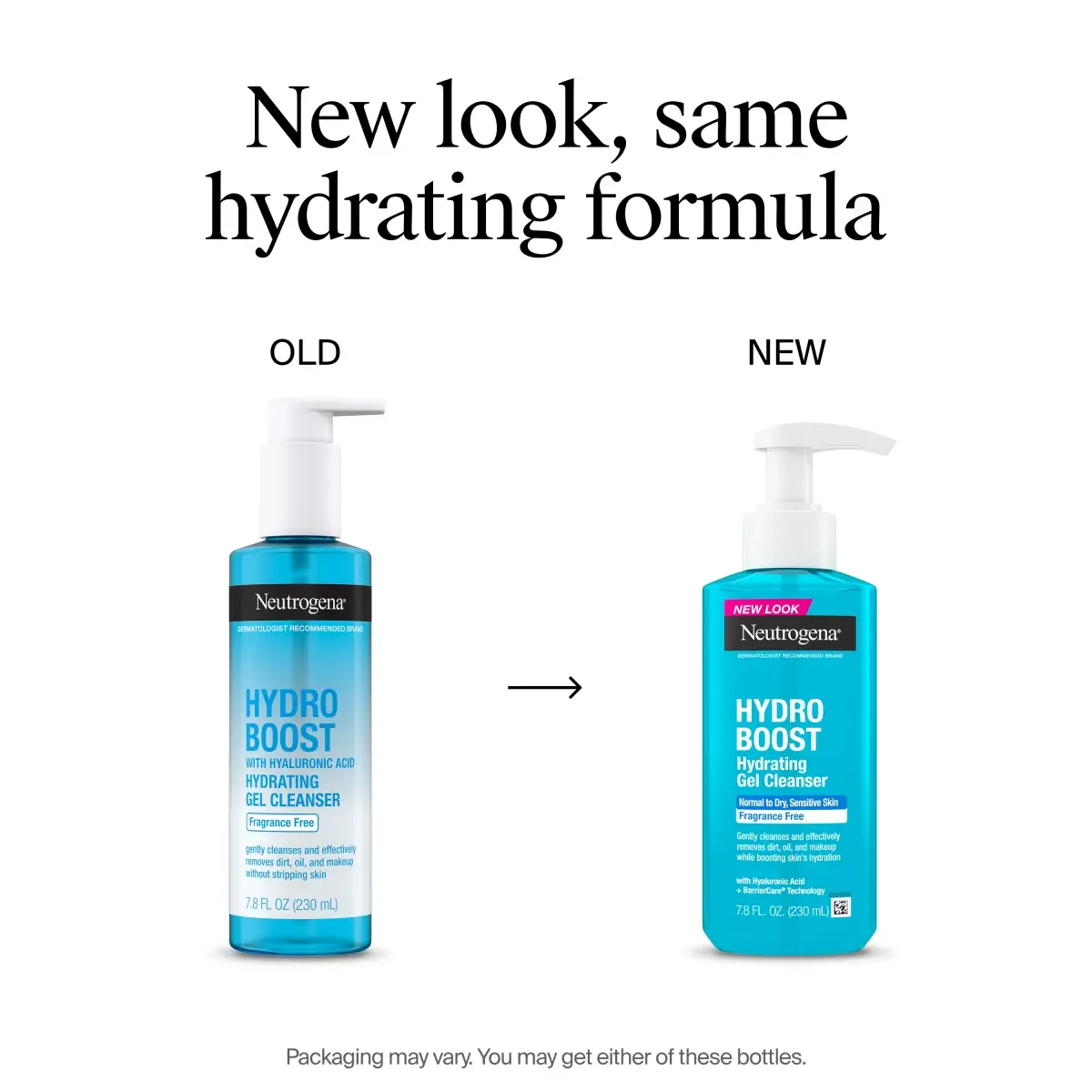 Neutrogena Hydro Boost Hydrating Cleansing Gel, Fragrance Free, 7.8 Fl. Oz showing new bottle but same formula