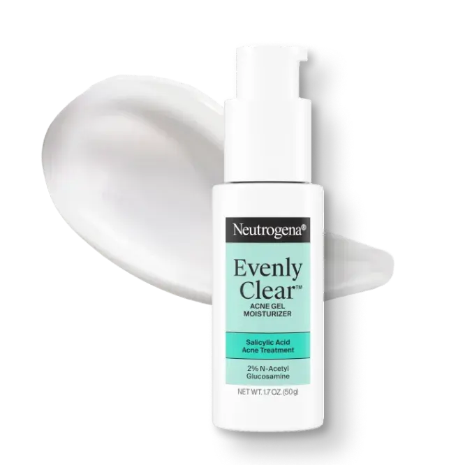 Neutrogena® Evenly Clear™ Acne Gel Moisturizer Front of Packaging, Texture and Formula Consistency
