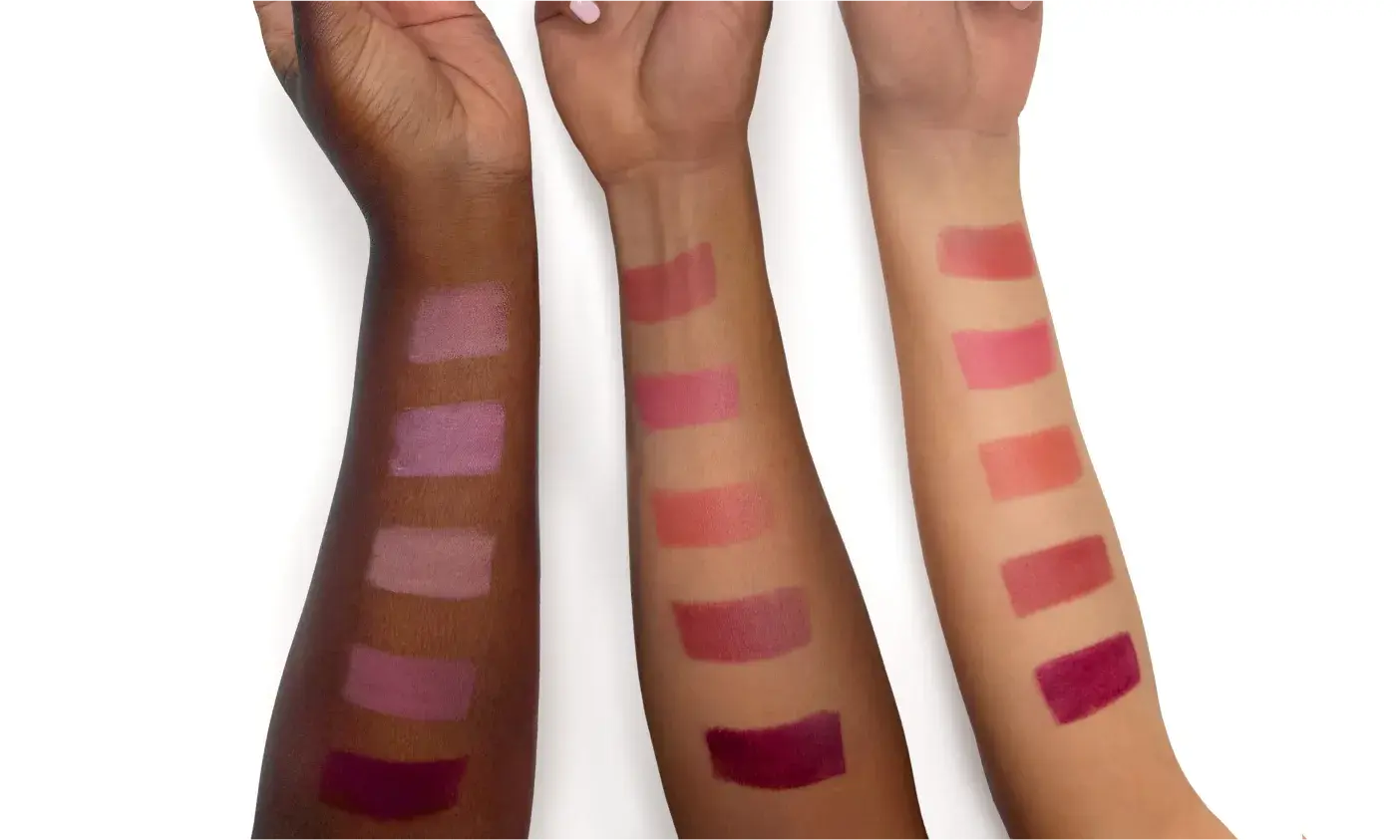 Hands of different skin tones holding up Neutrogena® Healthy Glow Blush Stick shades with swatches against different skin tones
