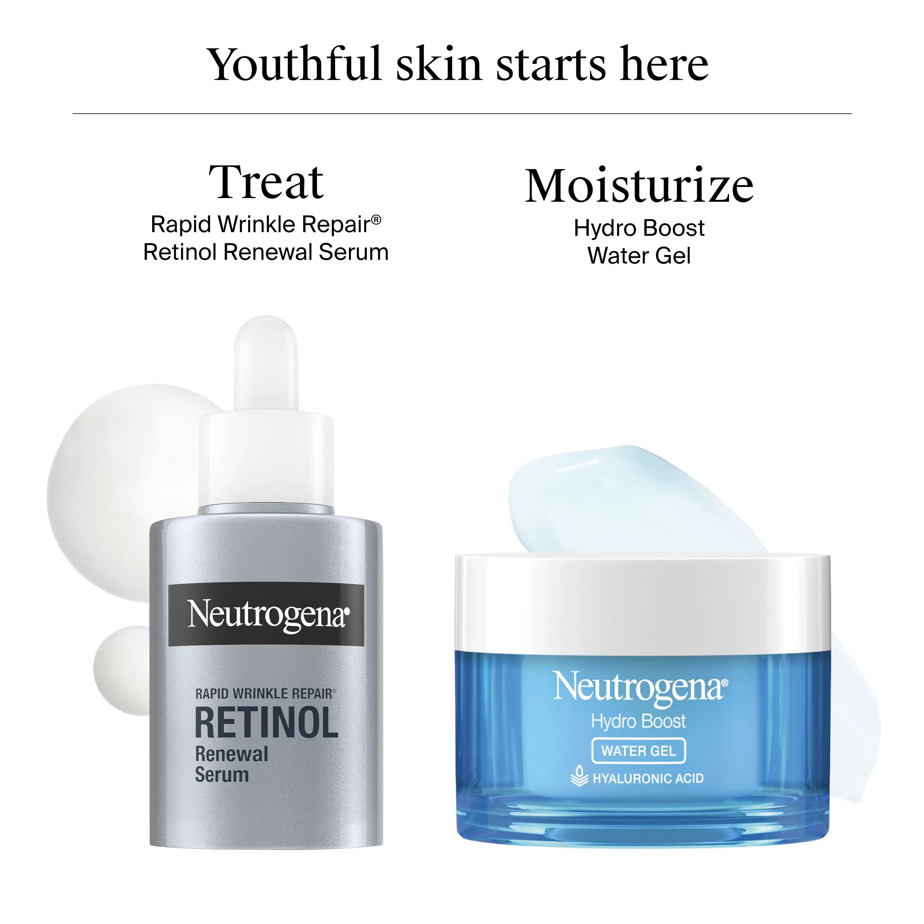 Neutrogena® 2-Steps to Younger-Looking Skin Duo: Treat with Rapid Wrinkle Repair Retinol Renewal Serum then Moisturize with Hydro Boost Hyaluronic Acid Water Gel