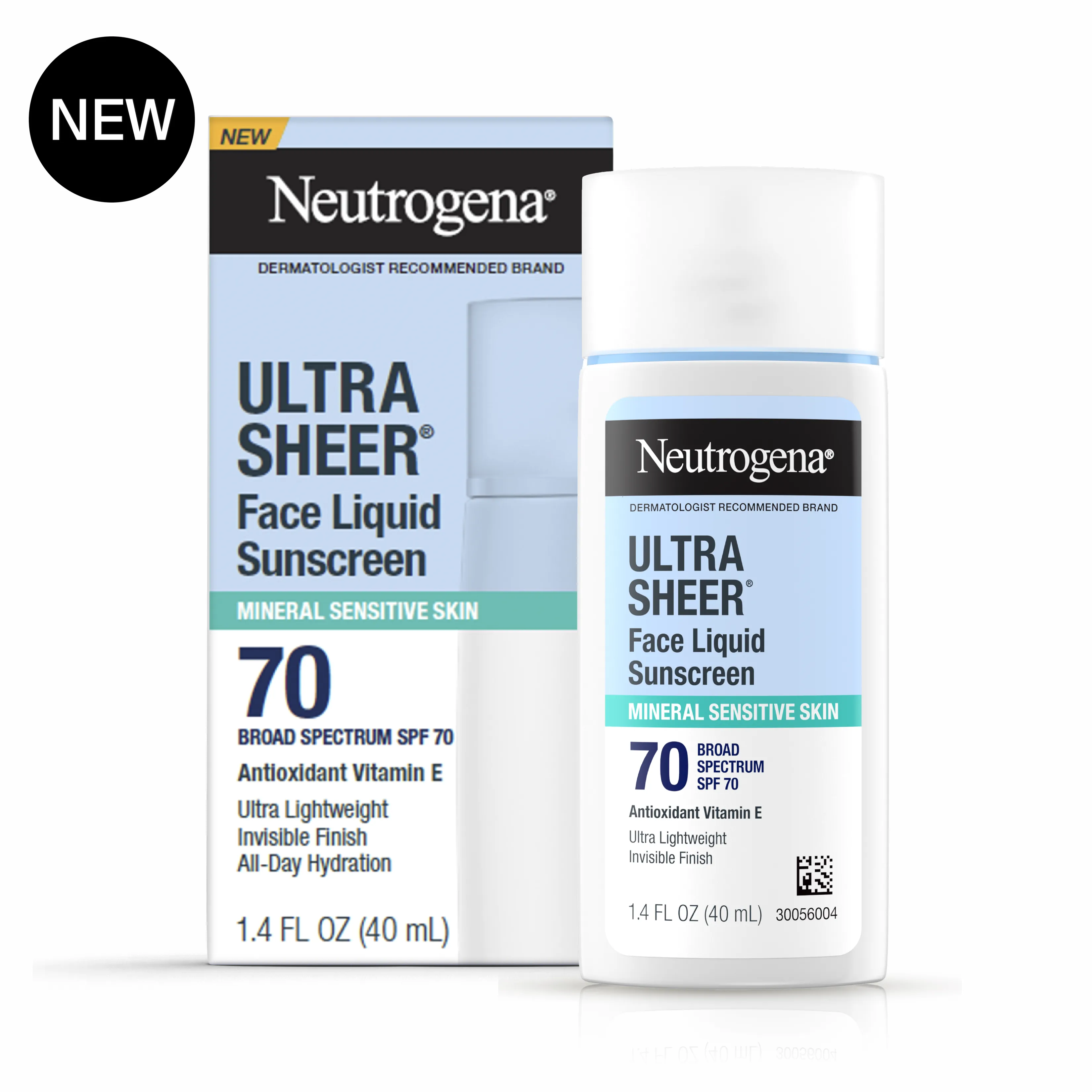 Neutrogena Ultra Sheer Face Liquid SPF 70 Sunscreen, 1.4 fl. oz, front image with badge.
