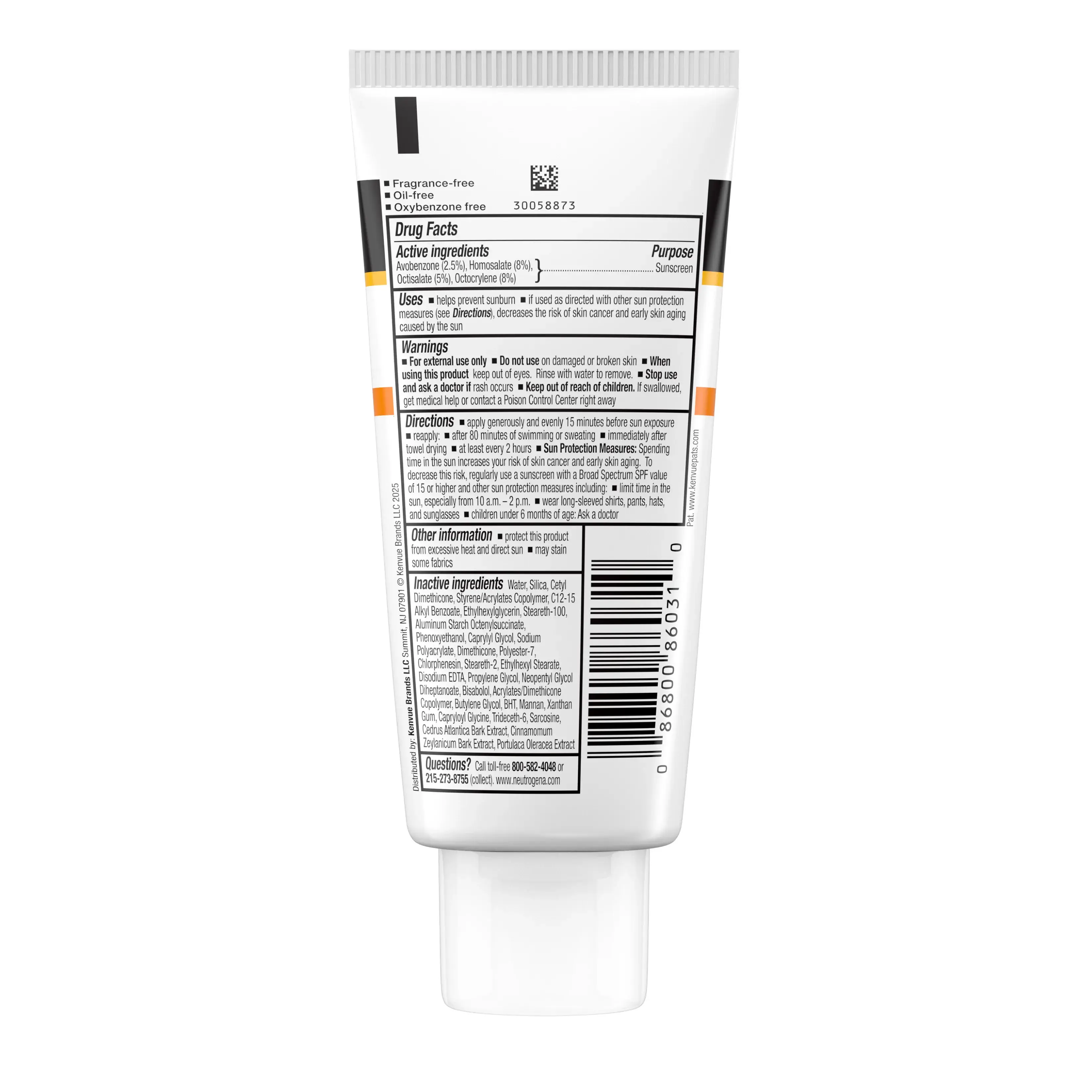 Clear Face Break-Out Free Liquid Lotion Sunscreen Broad Spectrum SPF 30, back of the package.