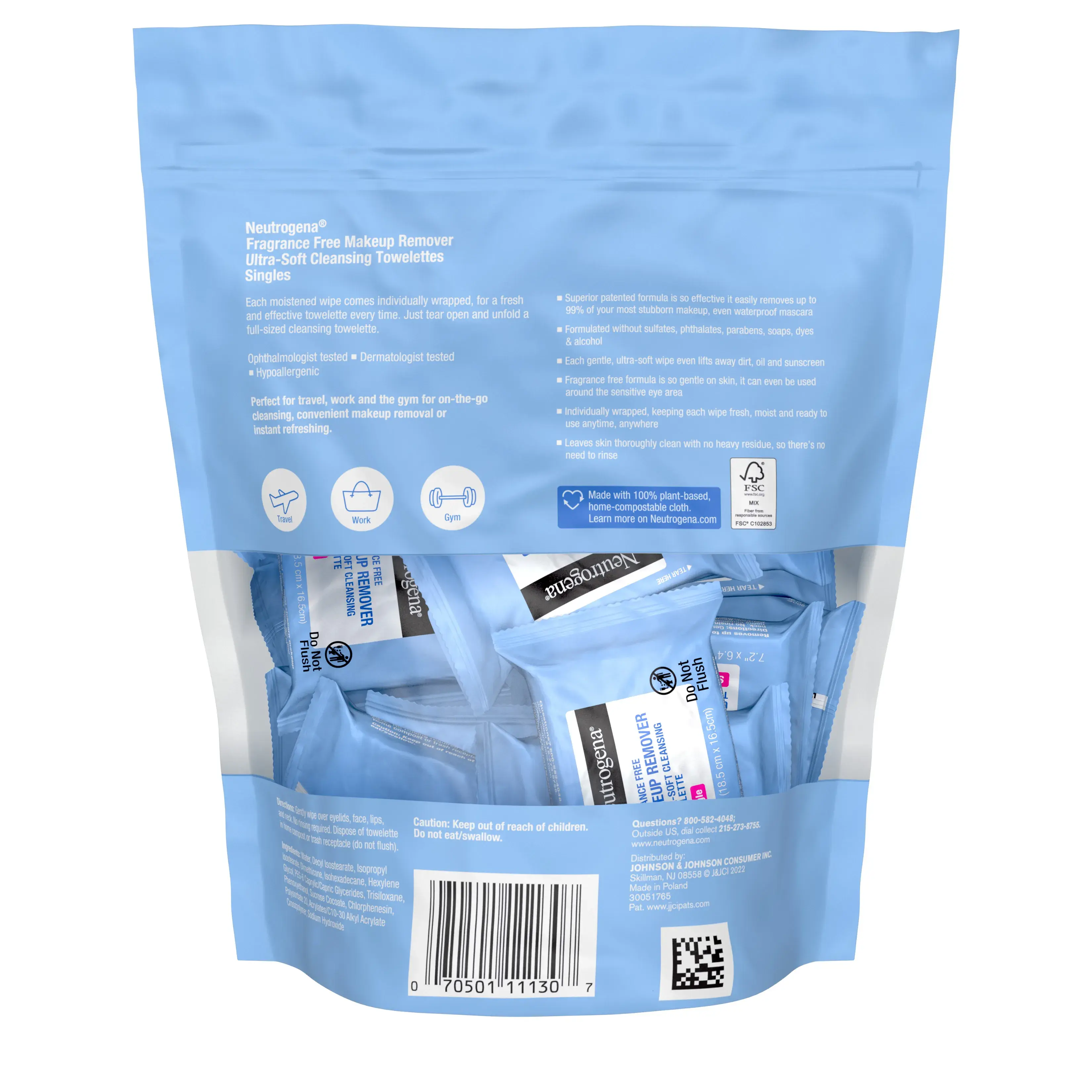 Makeup Remover Cleansing Towelette Singles - Fragrance Free Back of Packaging