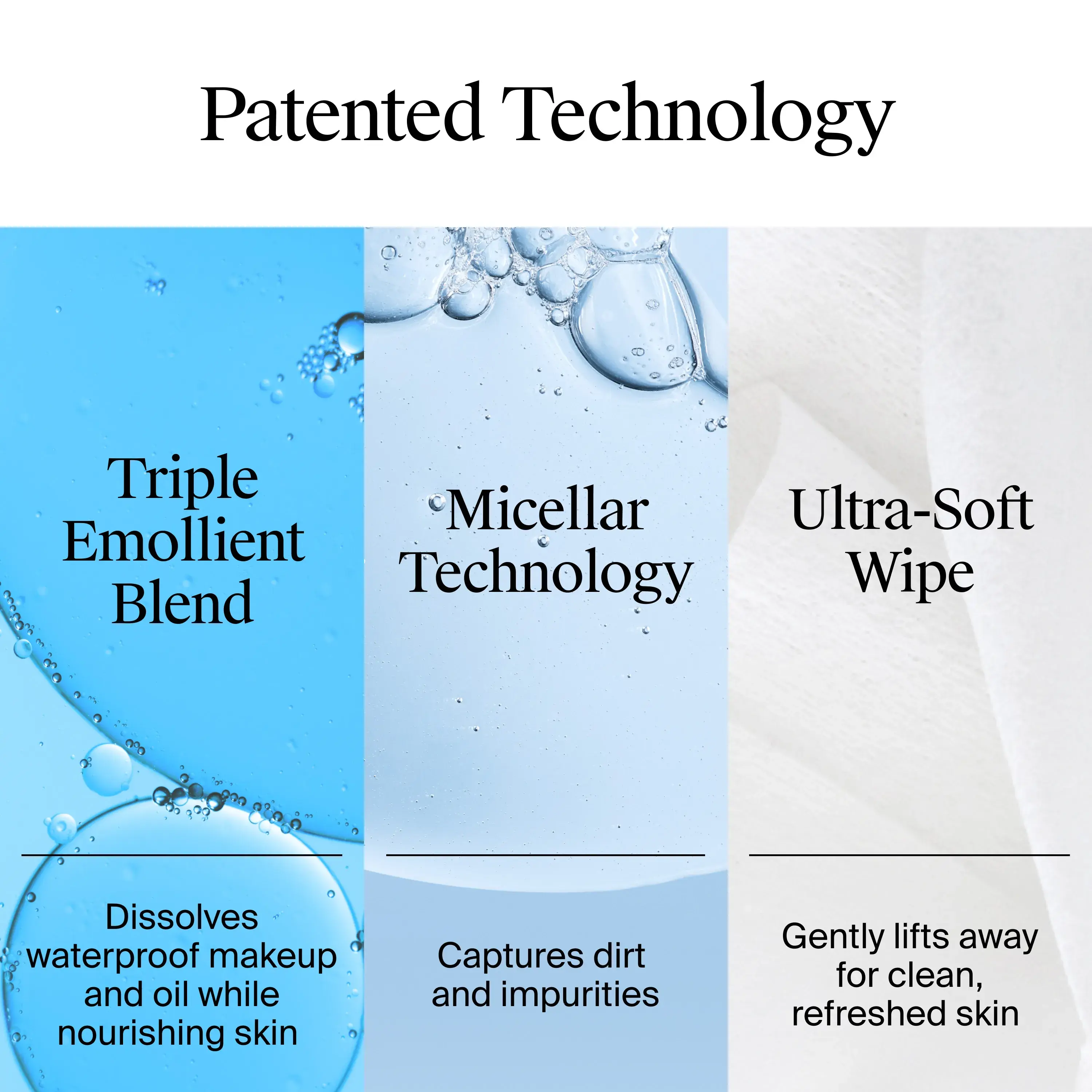 Patented Technology: Triple Emollient Blend, dissolves waterproof makeup and oil while nourishing skin. Miceller Technology, captures dirt and impurities. Ultra-Soft Wipe lifts away for clean refreshed skin.