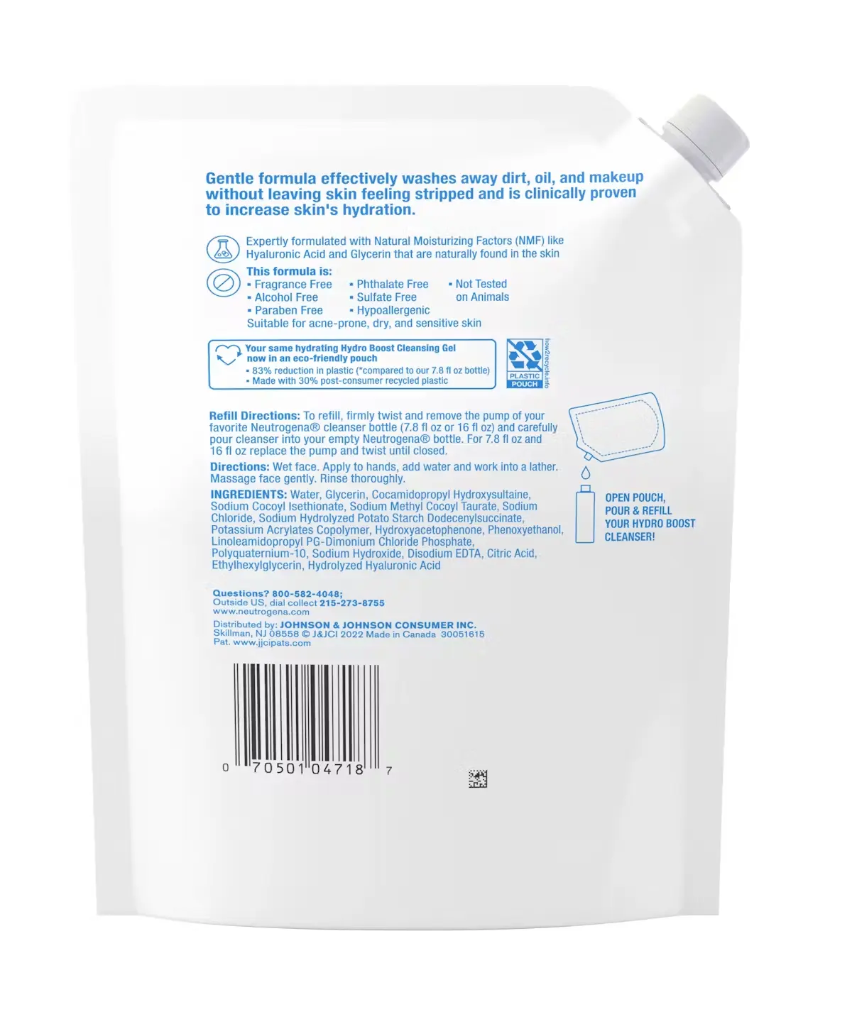 Neutrogena Hydro Boost Cleansing Gel, Fragrance Free, Refill Pouch