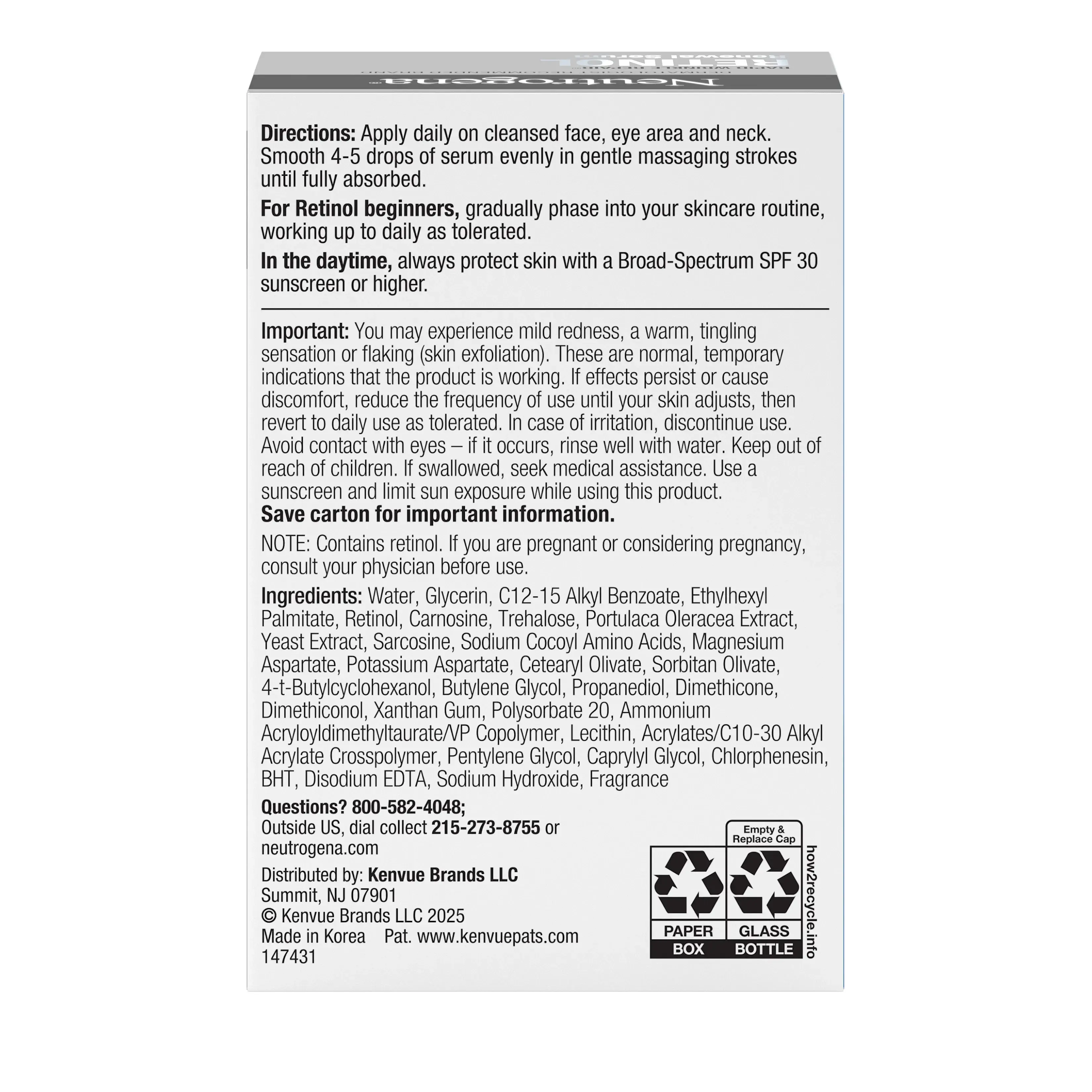 Neutrogena Rapid Wrinkle Repair Retinol Renewal Serum, 1 Fl. Oz, back of the package.