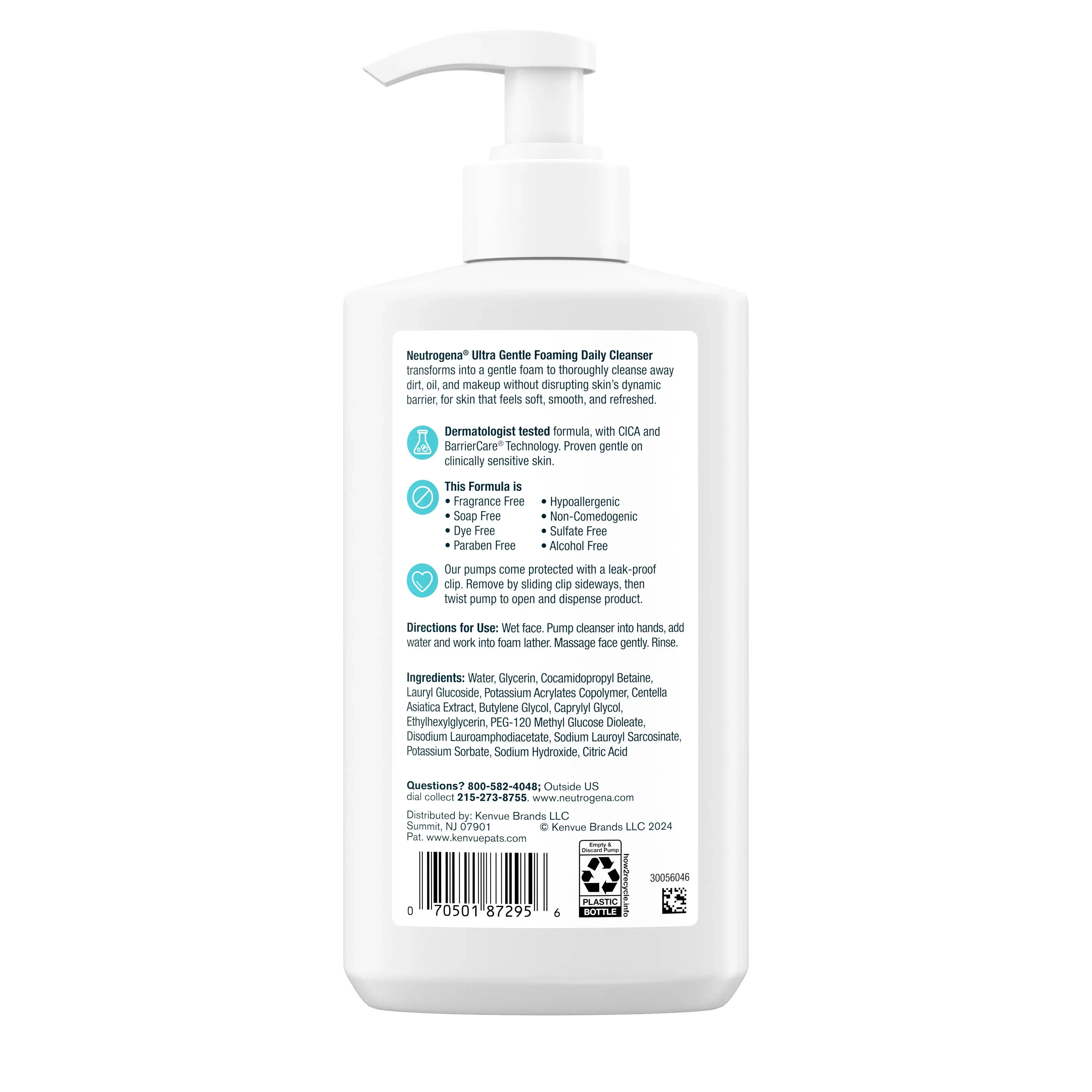 Ultra Gentle Daily Cleanser, Fragrance Free, 12 Fl. Oz Back of Packaging