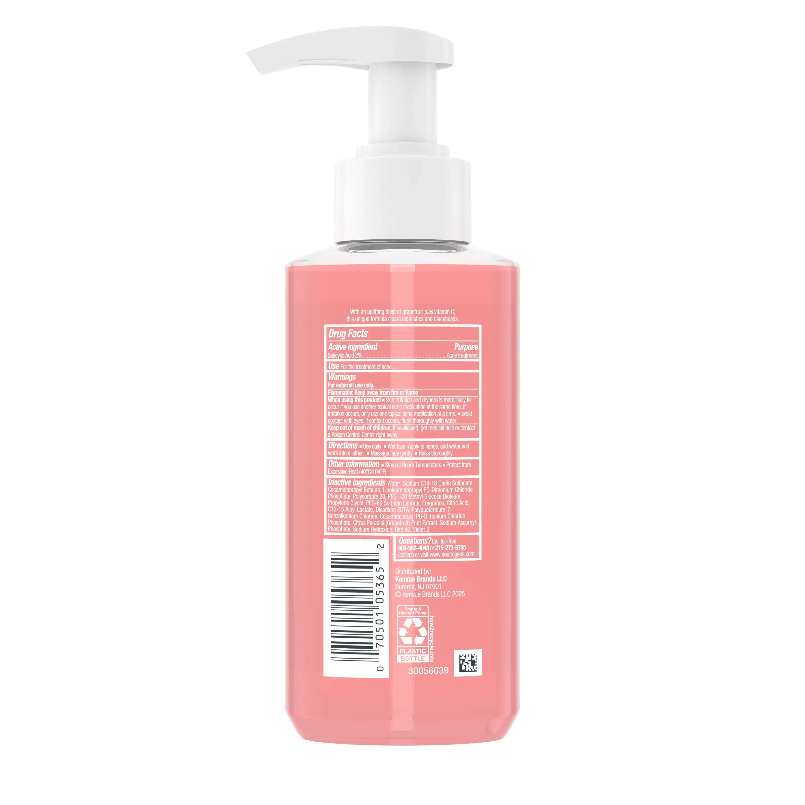 Neutrogena Oil-Free Acne Wash Pink Grapefruit Facial Cleanser 6 Fl. Oz Back of Packaging