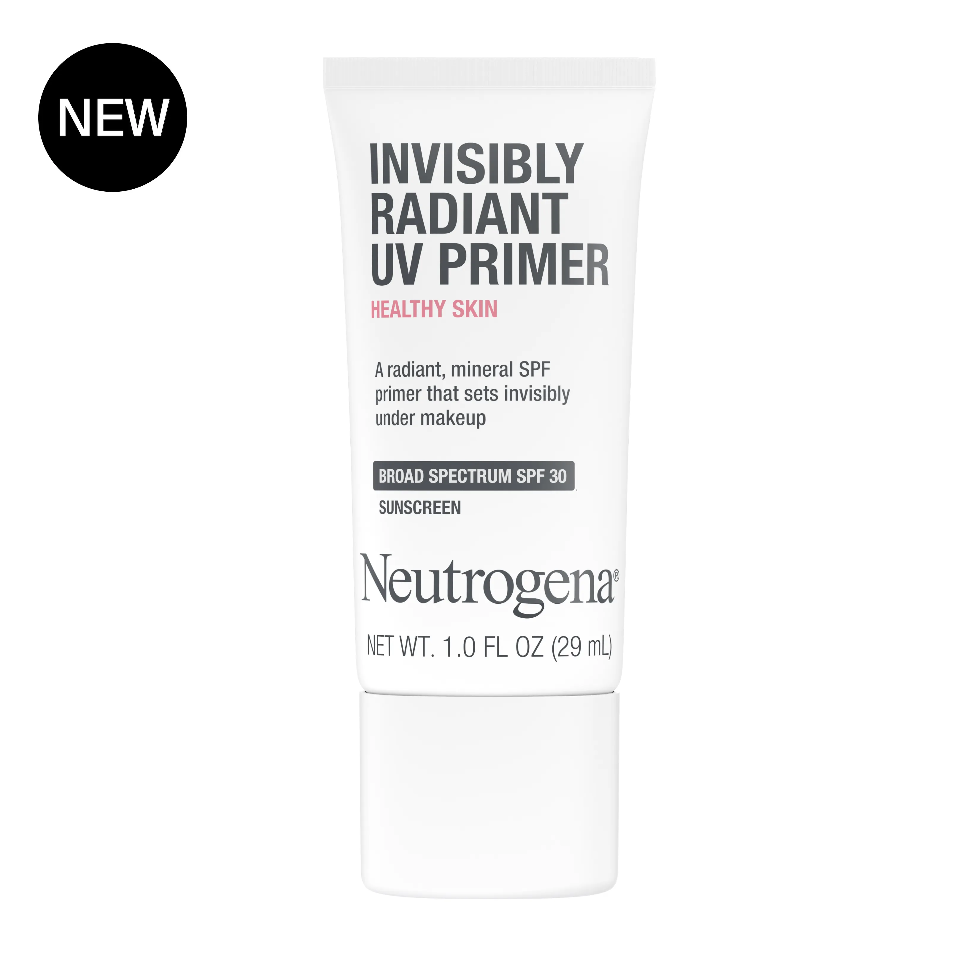 Neutrogena Healthy Skin Invisibly Radiant UV Primer SPF 30, 1 fl oz, front image with badge.