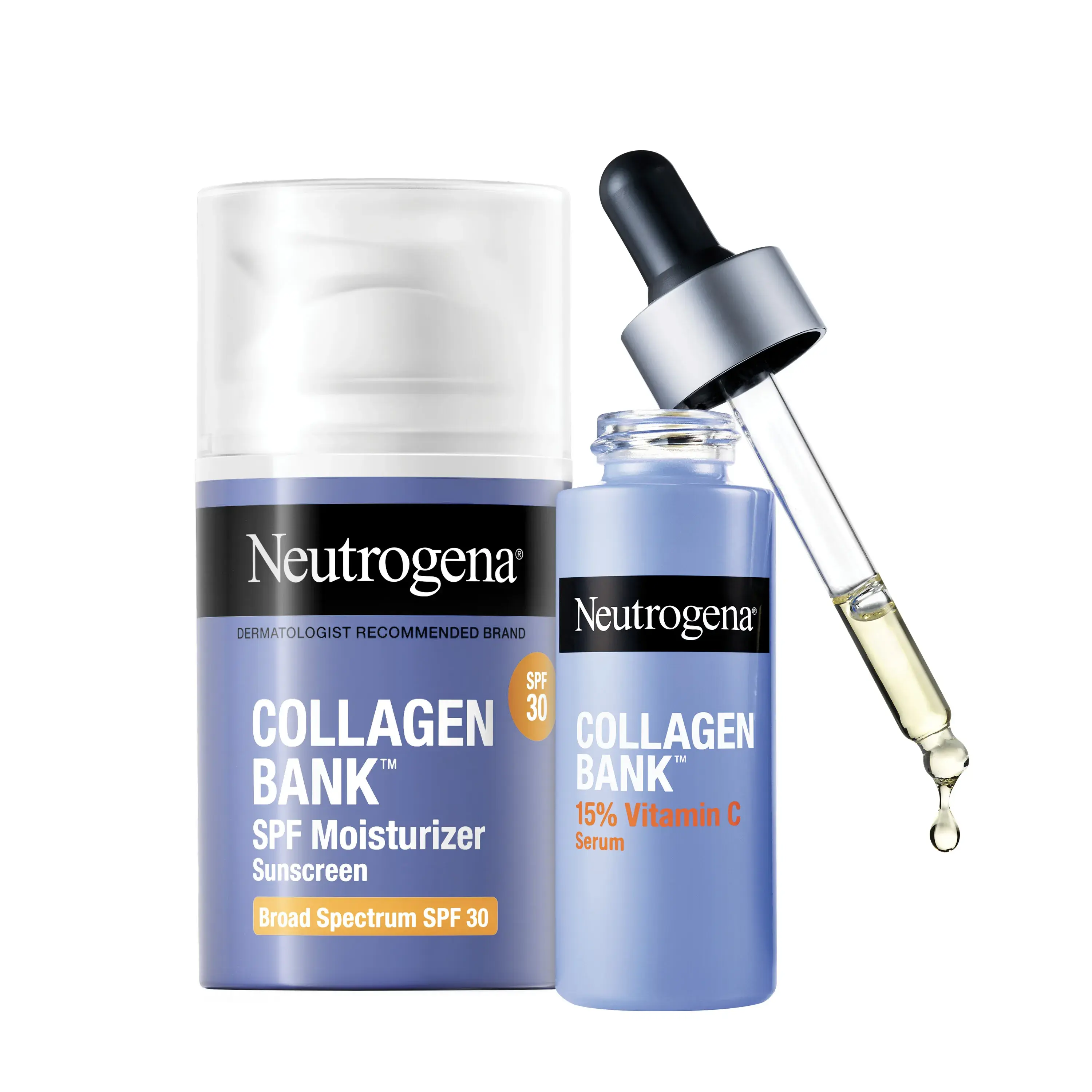 Neutrogena® 2-Step Collagen Boosting Routine with SPF 30 Moisturizer and Vitamin C Serum individual product packaging