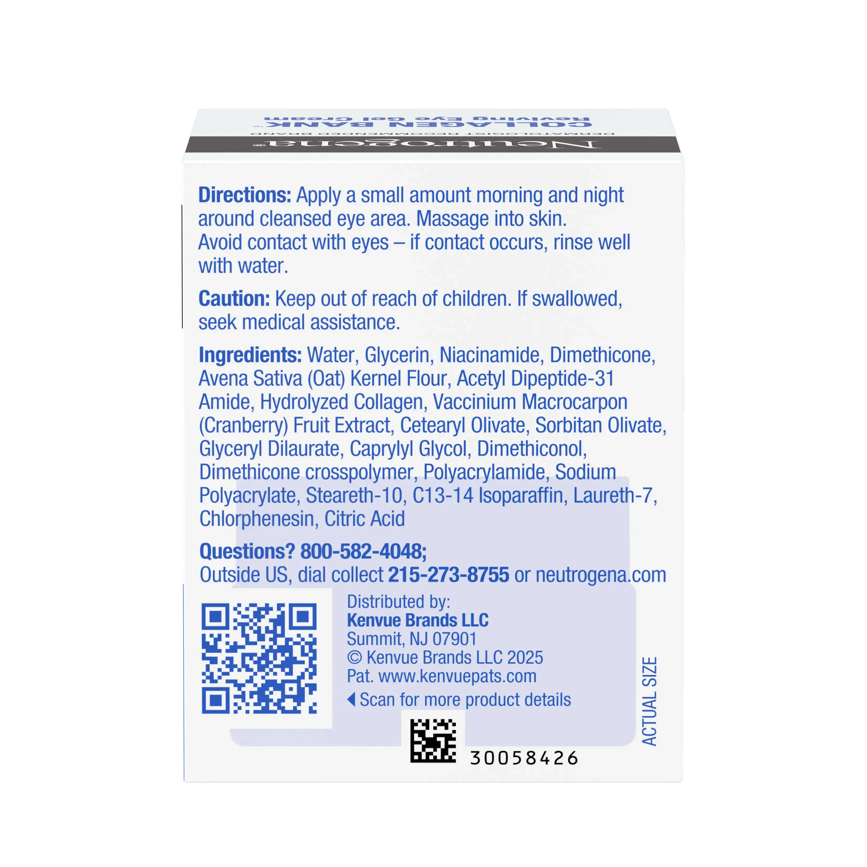 Neutrogena® Collagen Bank Reviving Eye Gel Cream, 0.5 Oz, back of the package.