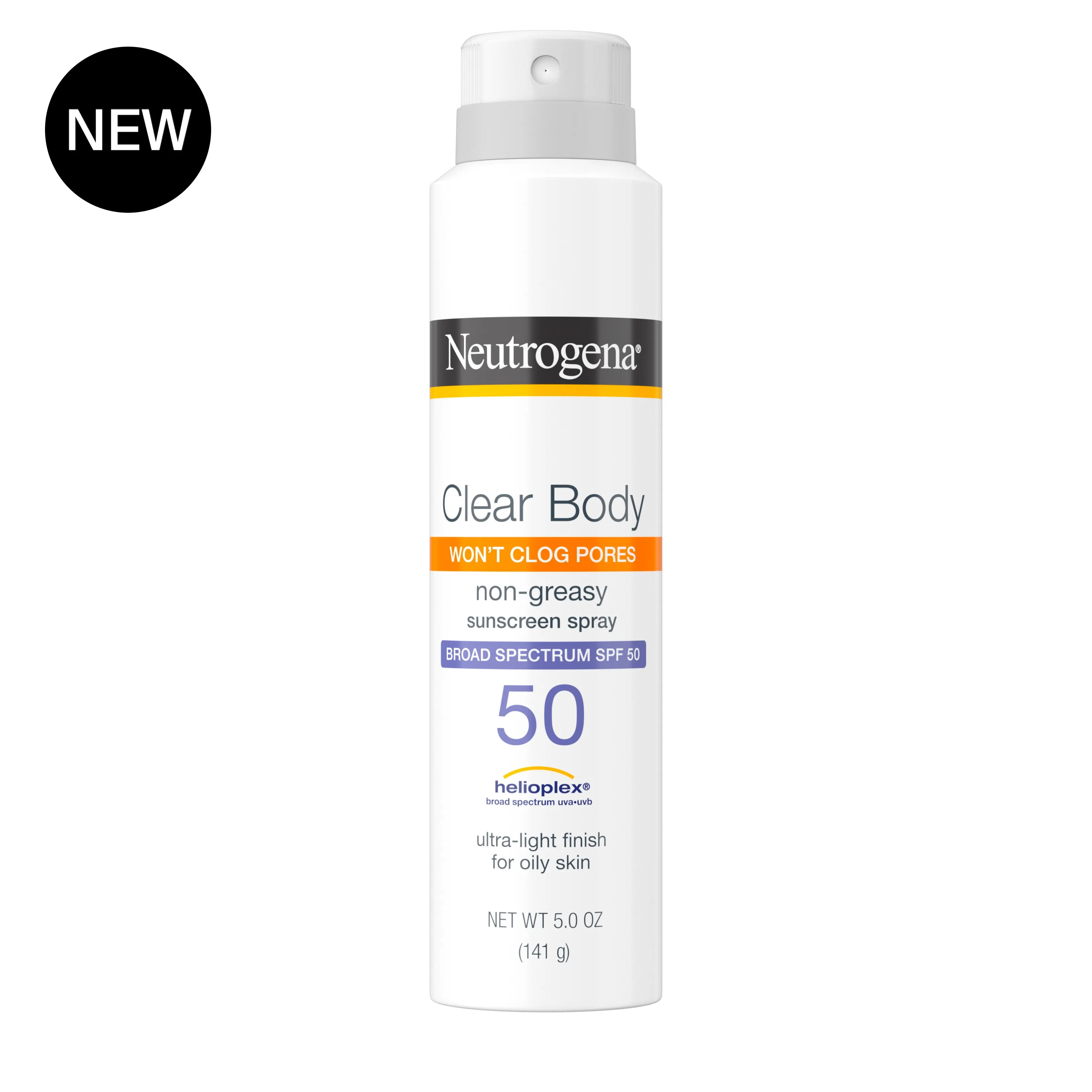 Neutrogena Clear Body SPF 50 Sunscreen Spray, Non-Comedogenic, 5 oz, front image with badge.