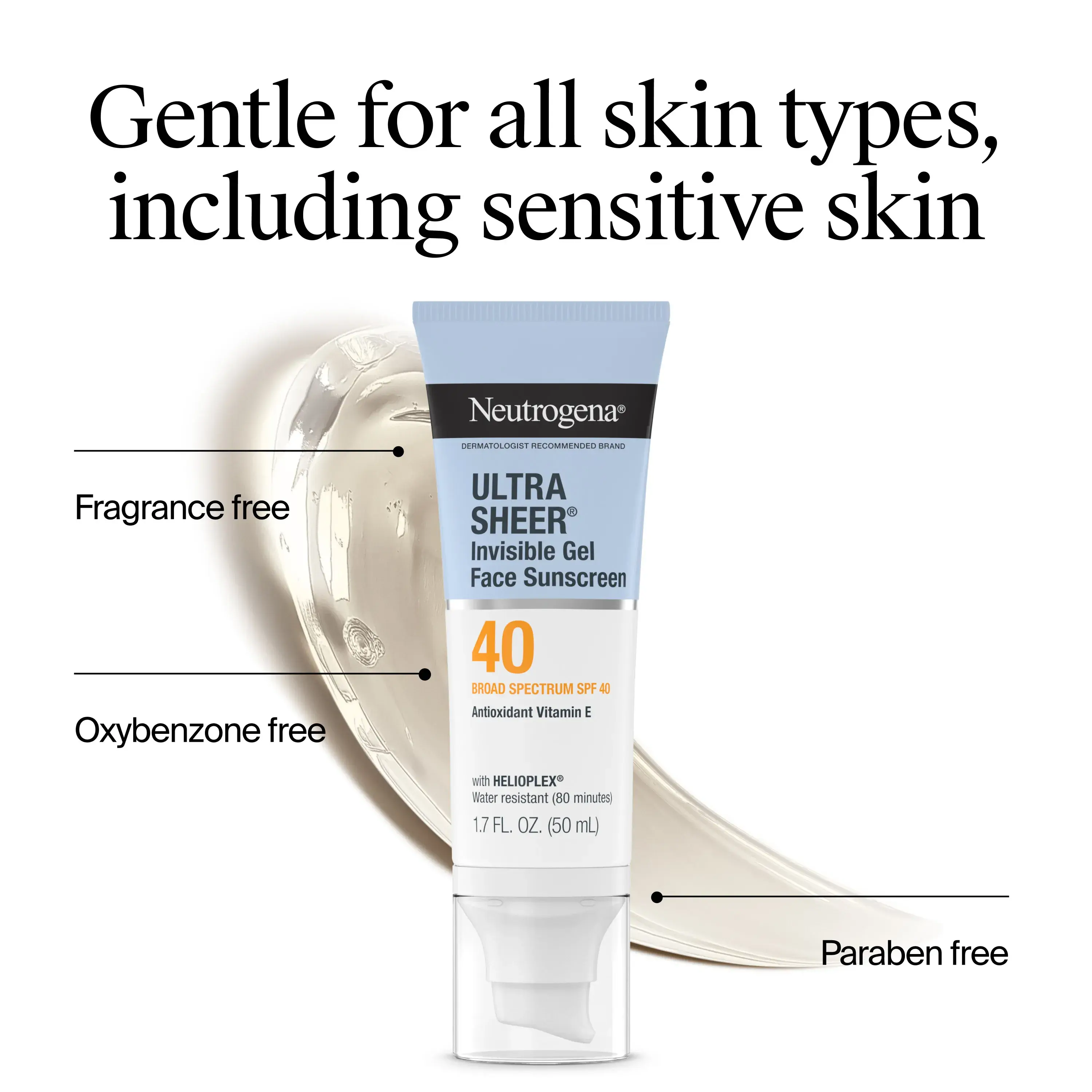 Ultra Sheer Invisible Gel Face Sunscreen Broad Spectrum SPF 40 is gentle for all skin types including sensitive skin. Fragrance free, Oxybenzone free, Paraben free