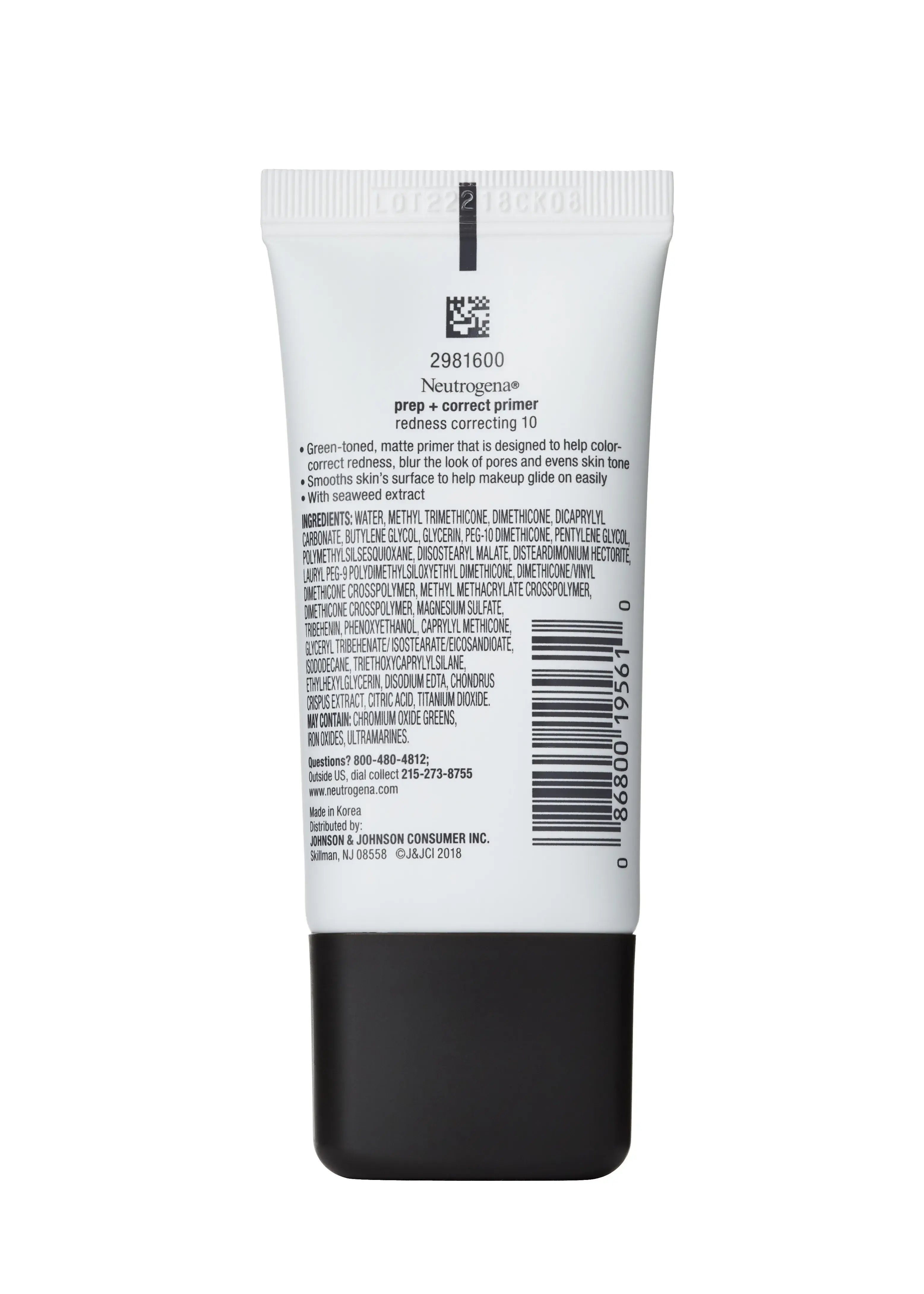 Neutrogena Prep + Correct Primer, Redness Correcting 10, 1.0 Oz, back of pack