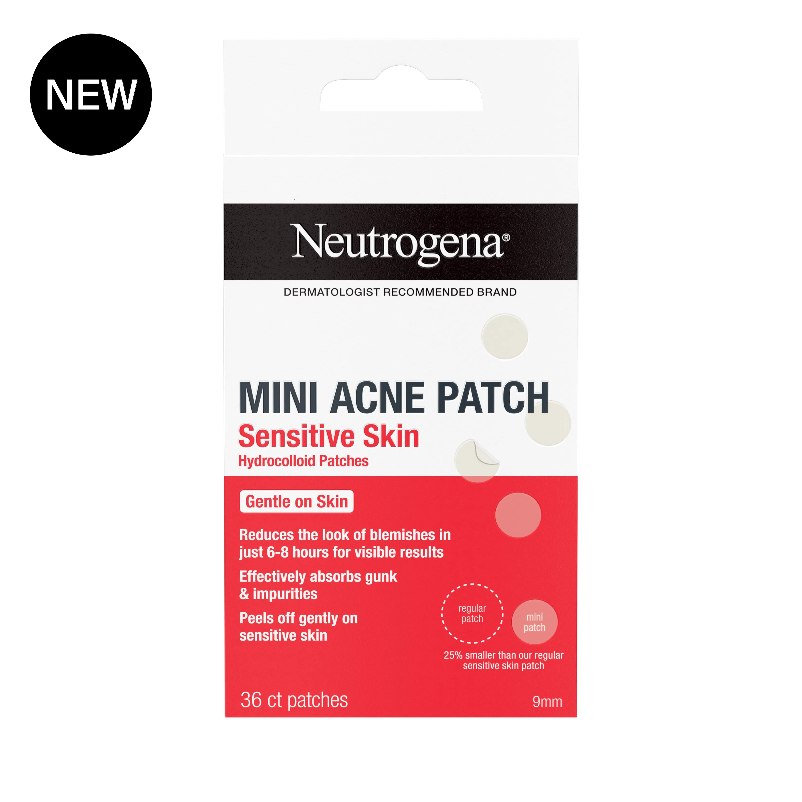 Neutrogena Mini Acne Patch, Sensitive Skin, 36 Count, front image with new badge.