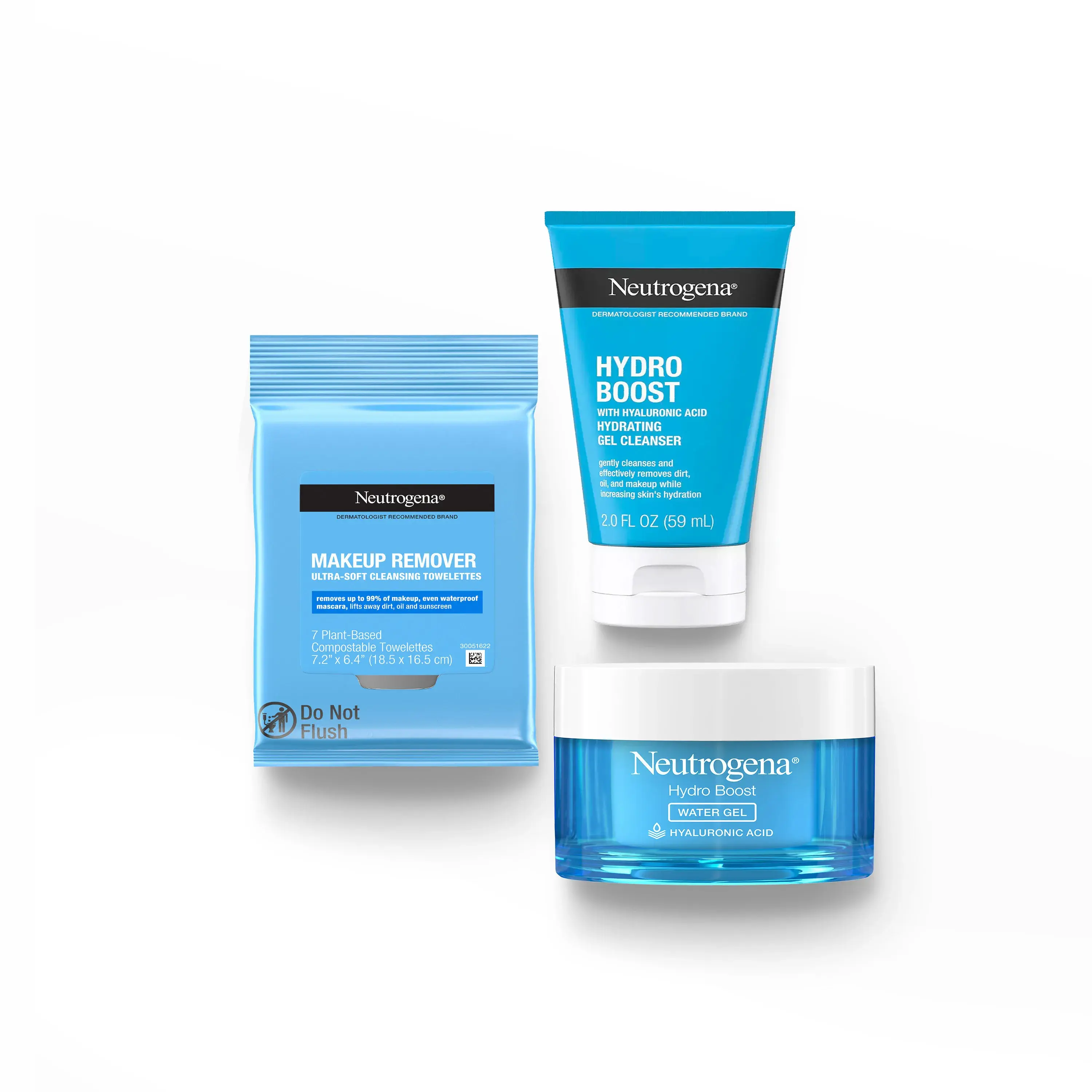 Image displaying the 3 products of the set outside the kit. HydroBoost Water Gel, HydroBoost Gel Cleanser, and Makeup Remover Ultra-Soft Cleansing Towelettes