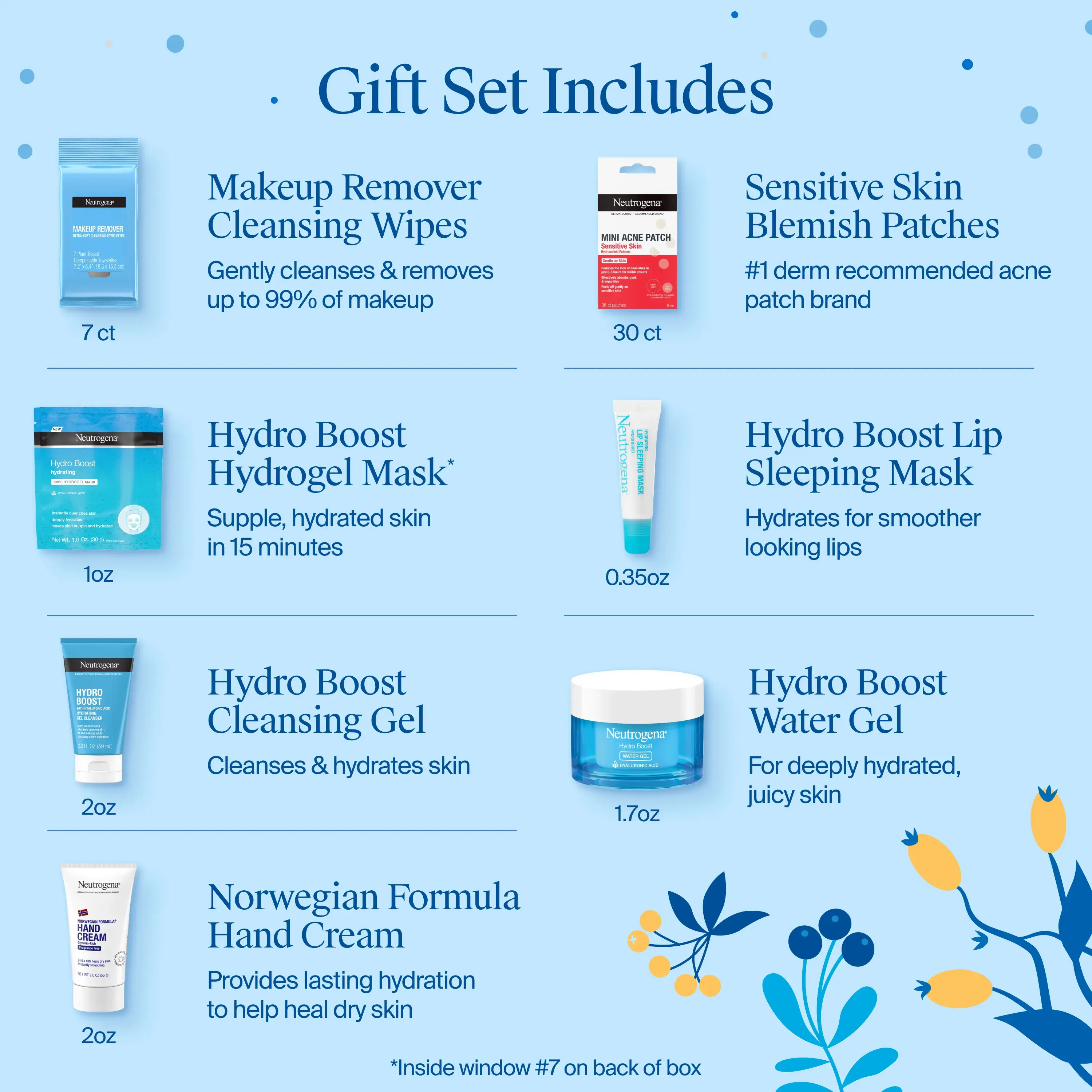 Gift Set Includes: Makeup Remover Cleansing Wipes, Hydro Boost Hydrogel Mask, Hydro Boost Cleansing Gel, Norwegian Formula Hand Cream, Sensitive Skin Blemish Patches, Hydro Boost Lip Sleeping Mask, Hydro Boost Water Gel