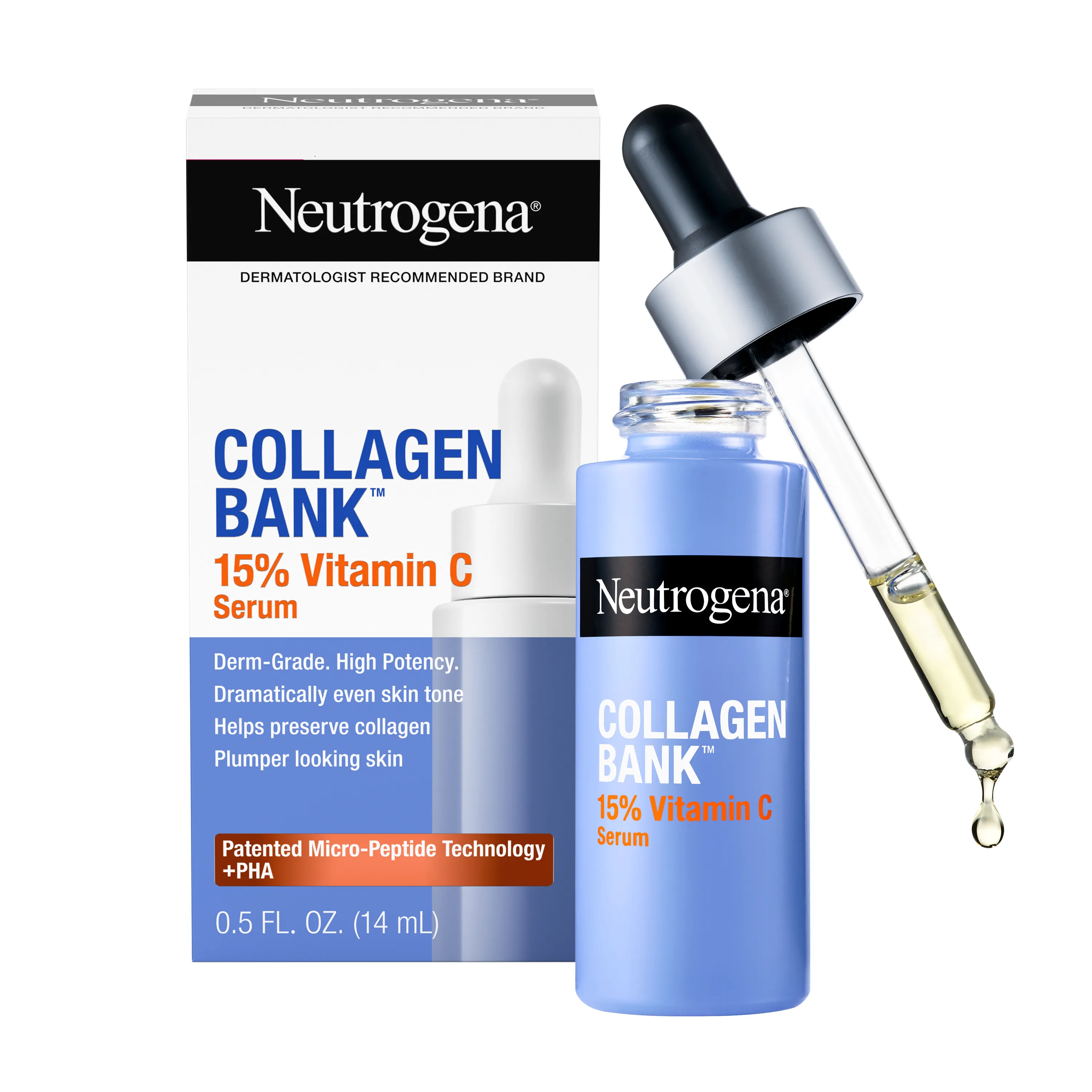 Neutrogena Collagen Bank 15% Vitamin C Glow Serum, 0.5 Fl. Oz, out of the box image.