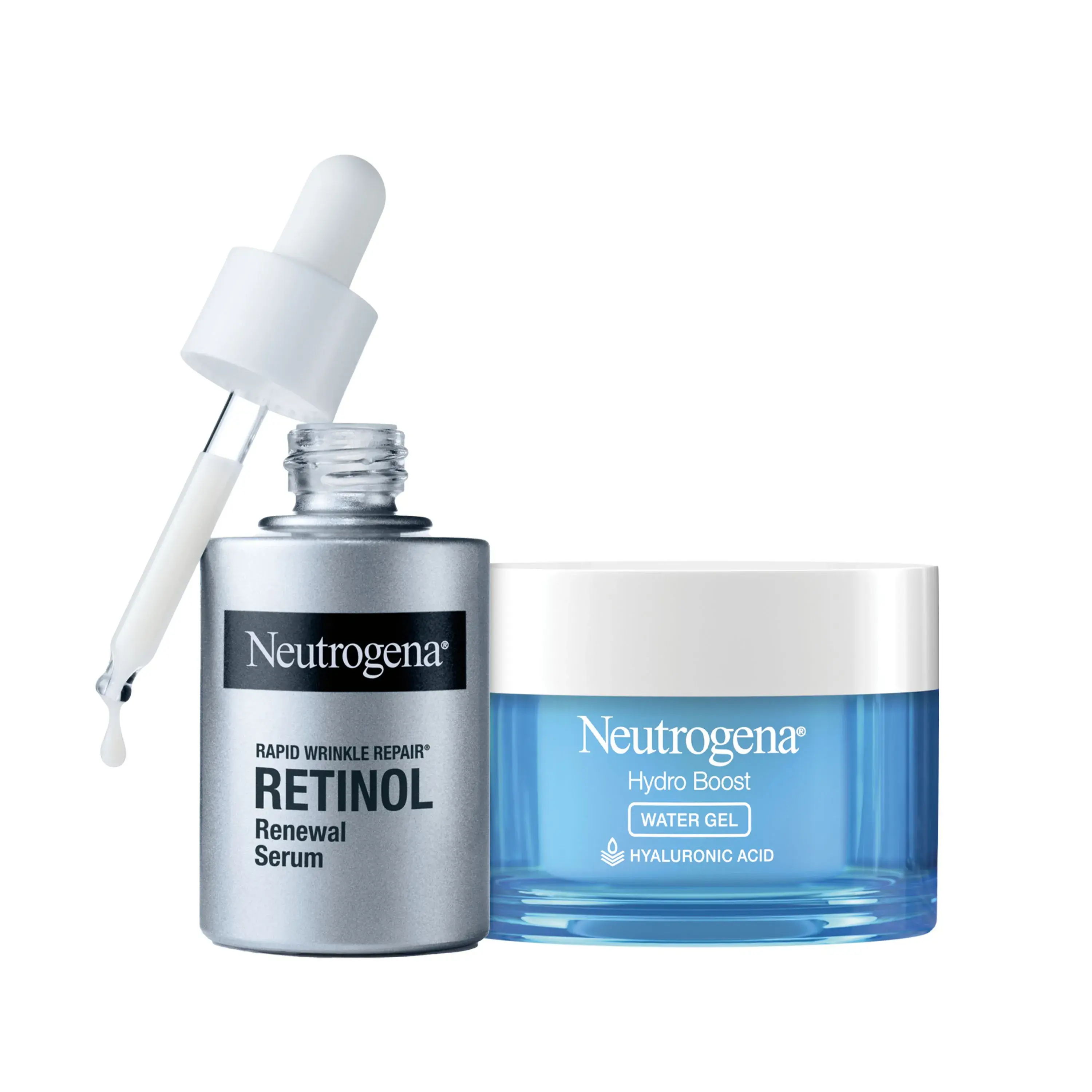Neutrogena® 2-Steps to Younger-Looking Skin Duo with Rapid Wrinkle Repair Retinol Renewal Serum and Hydro Boost Hyaluronic Acid Water Gel individual product packaging