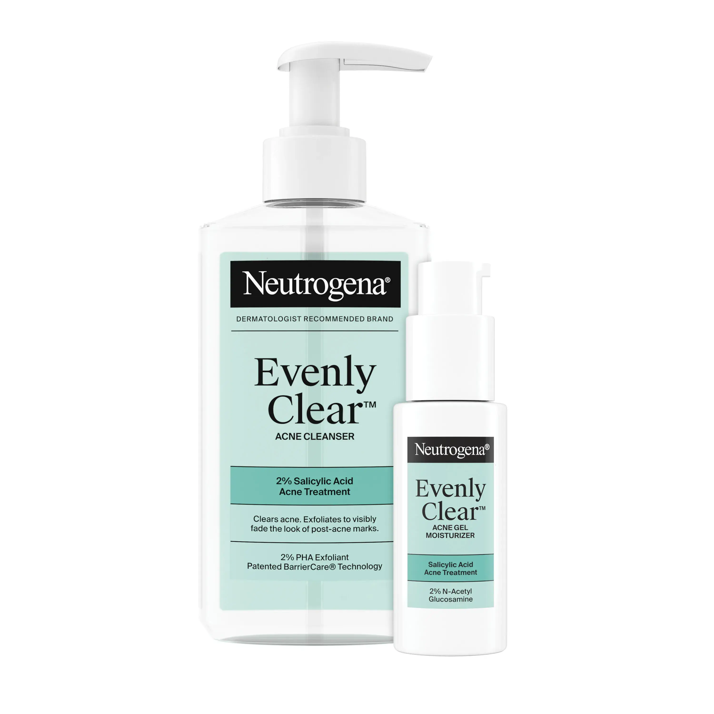 Neutrogena® Acne-Fighting Skincare Solutions with Evenly Clear™ Acne Cleanser & Acne Gel Moisturizer individual product packaging