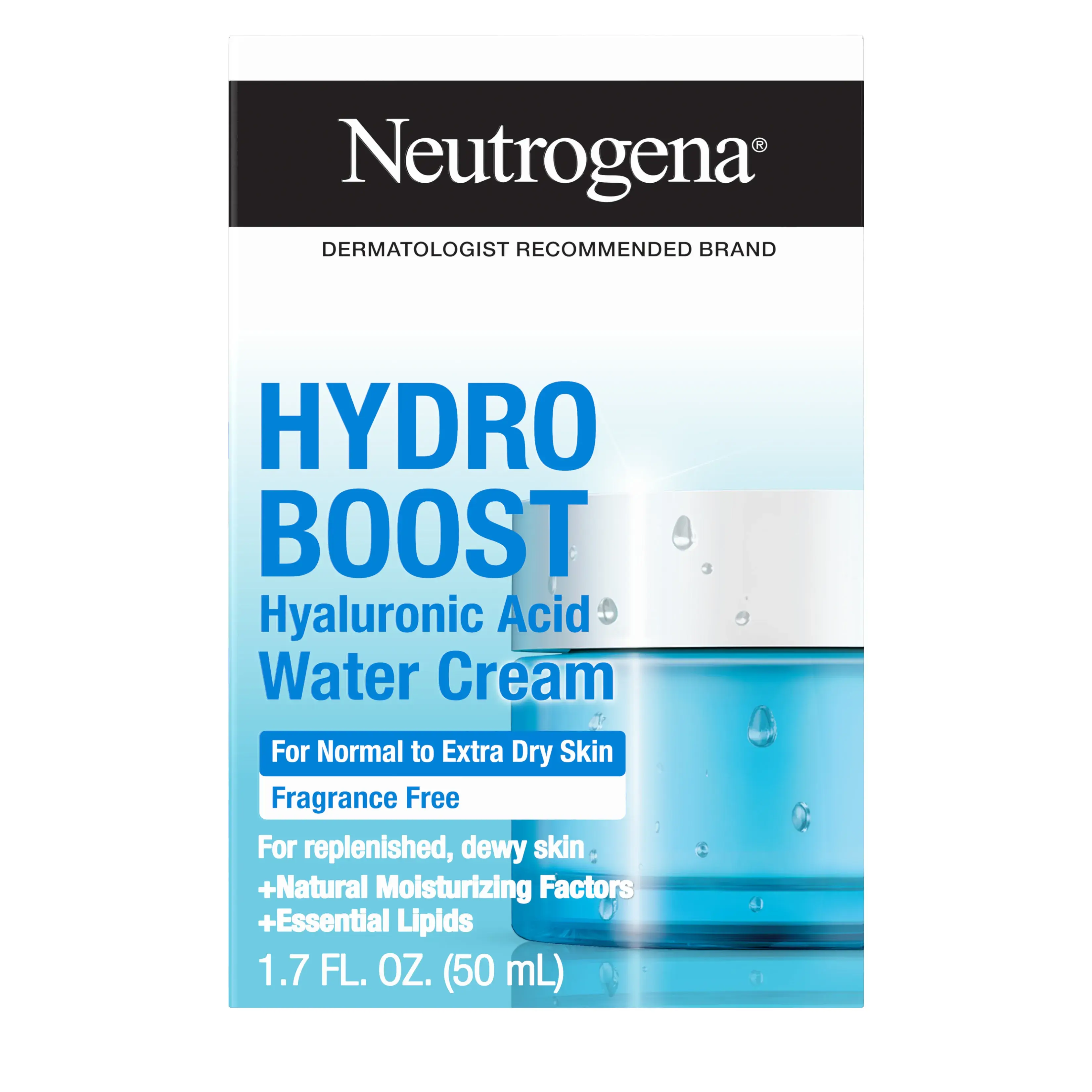 Neutrogena® Hydro Boost Hyaluronic Acid Water Cream Fragrance Free Facial Moisturizer 1.7 Fl. Oz, Front of the Packaging