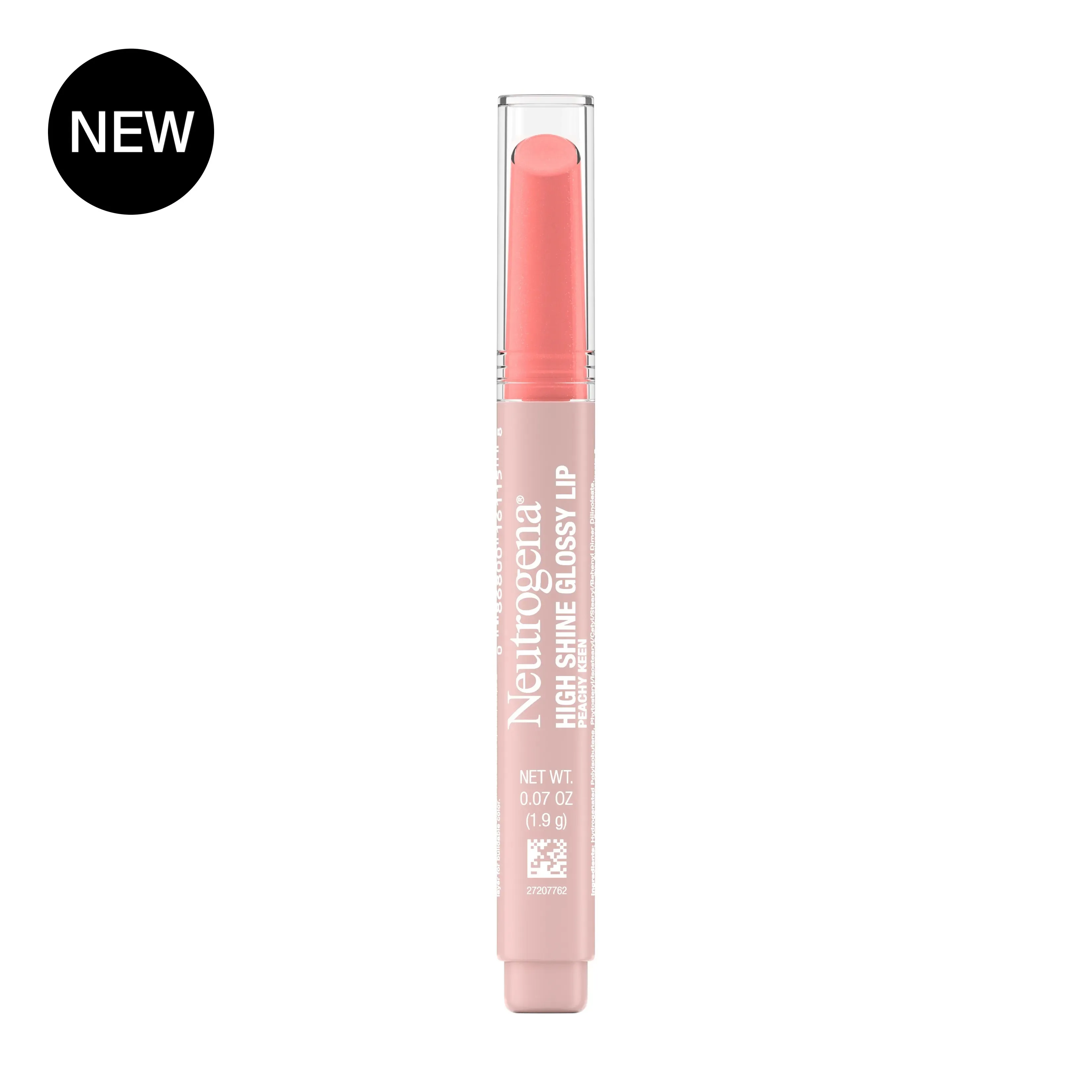 Neutrogena High Shine Glossy Lip, Peachy Keen, 0.07 Oz, front image with badge.