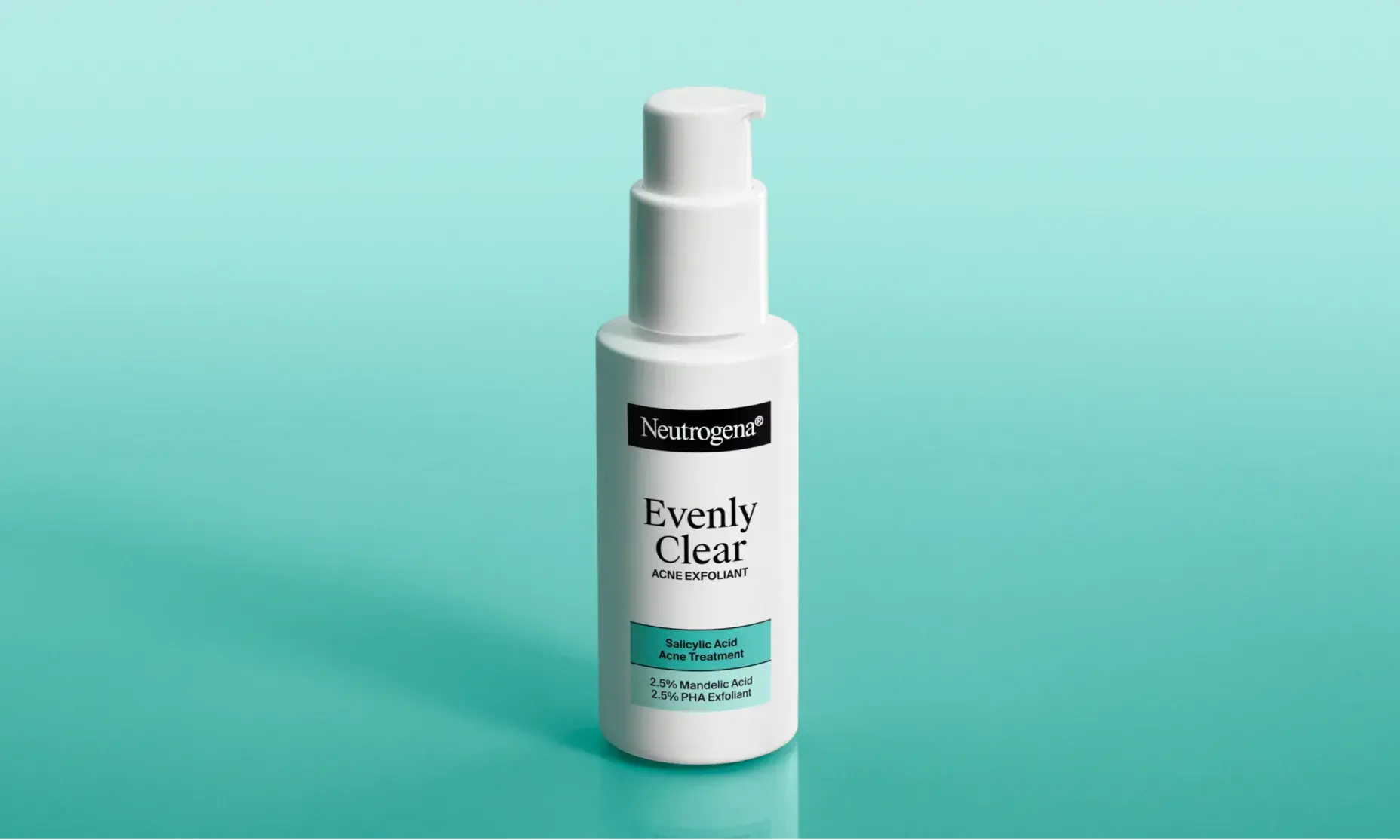 Neutrogena® Evenly Clear™ Acne Exfoliant packaging against a teal background