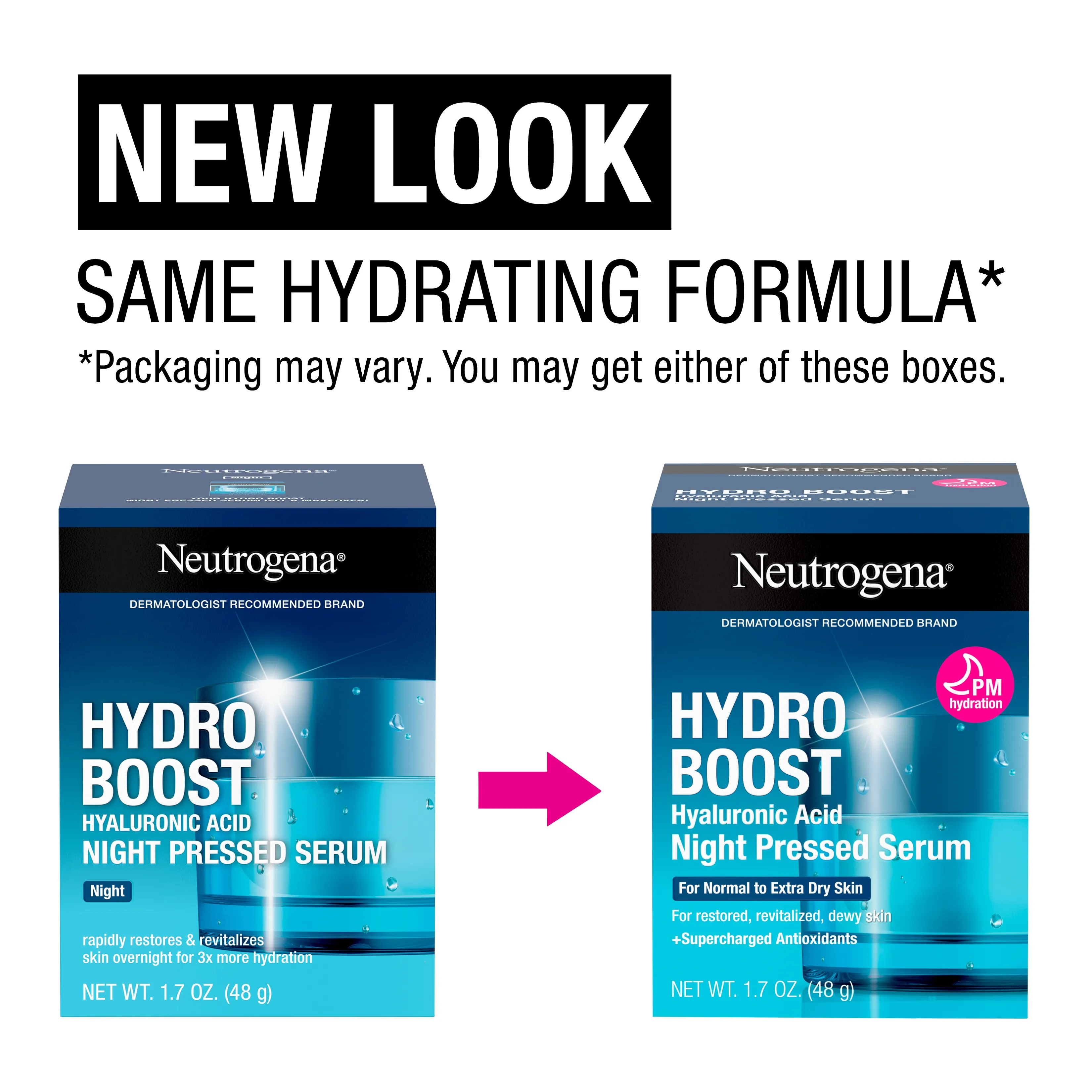 Neutrogena Hydro Boost Night Pressed Serum with Hyaluronic, New look, same hydrating formula.