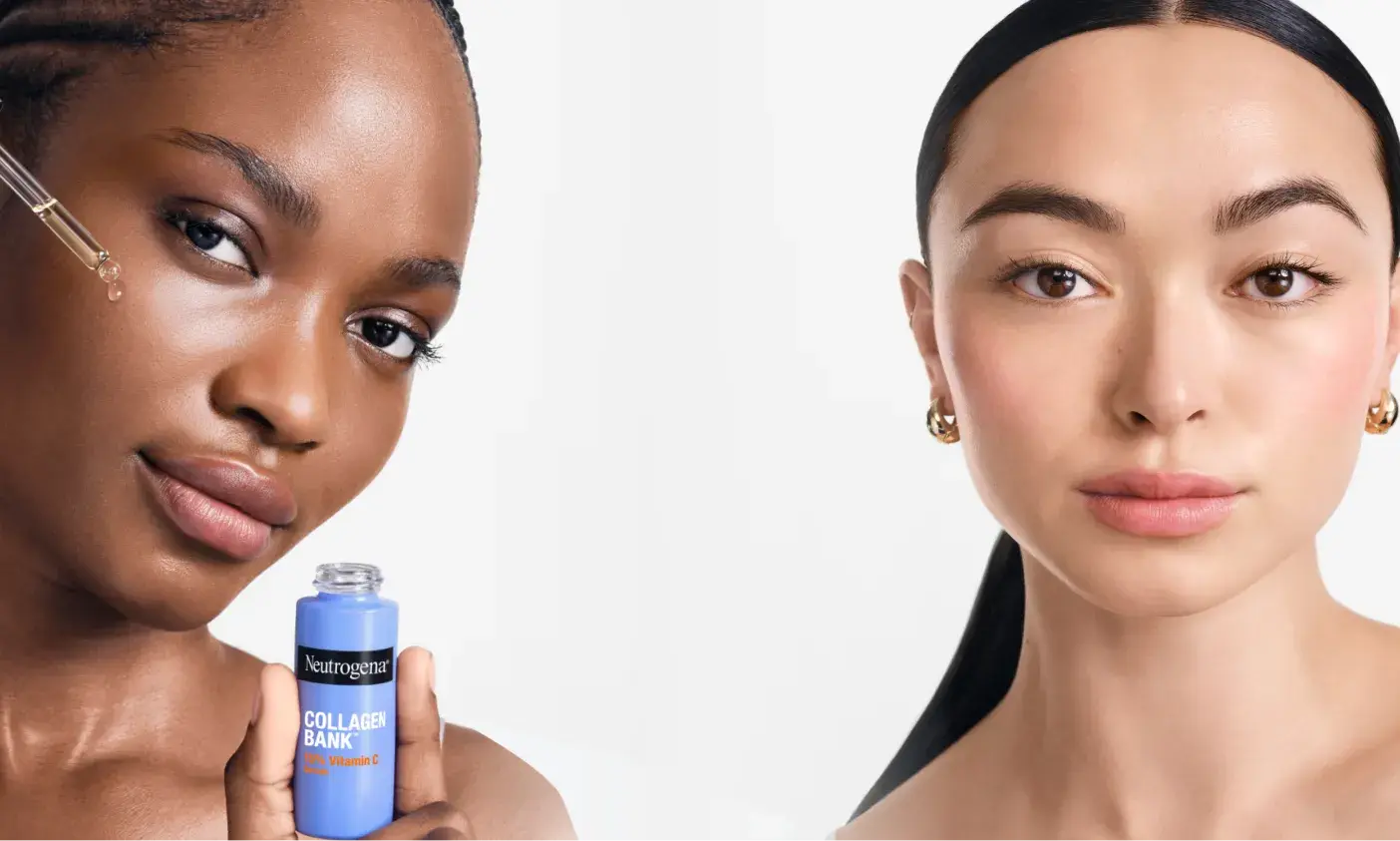 2 women with healthy skin holding a bottle of Neutrogena® Collagen Bank 15% Vitamin C Glow Serum