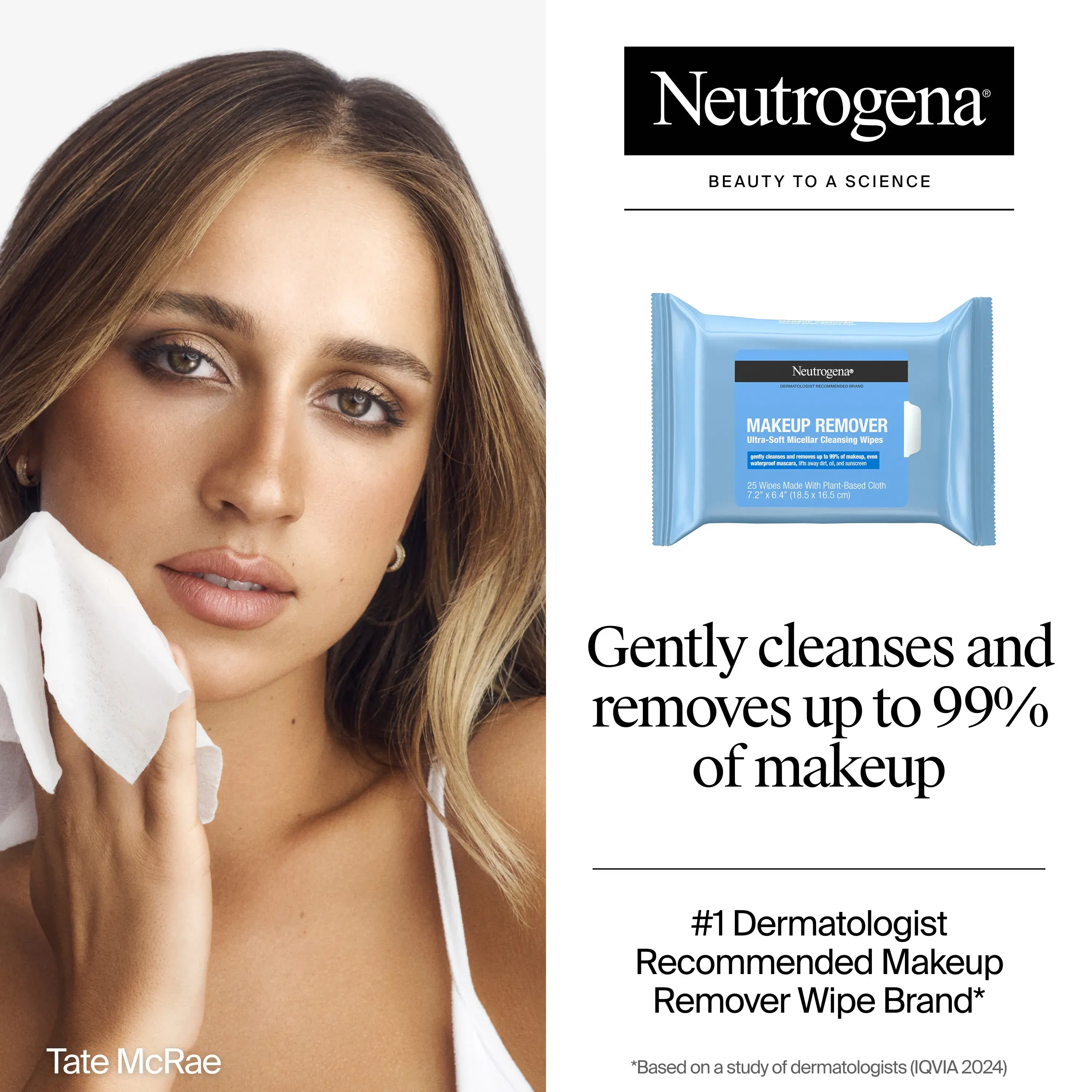 Tate McRae with clear skin after using Makeup Remover Cleansing Wipes- 25 ct that gently cleanses and removes up to 99% of makeup