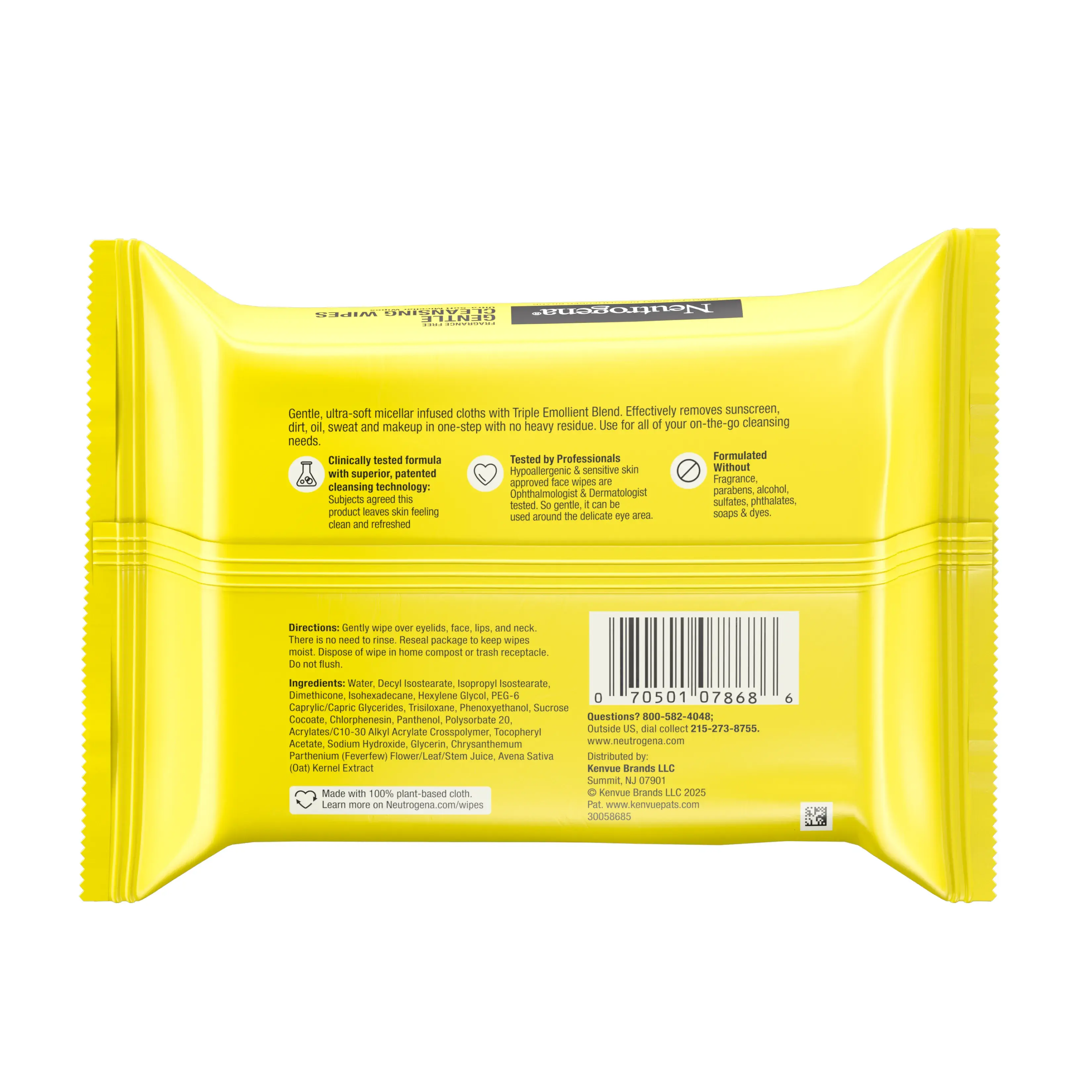 Neutrogena Gentle Cleansing Wipes, Ultra-Soft Micellar Wipes, Fragrance Free, 25 Count