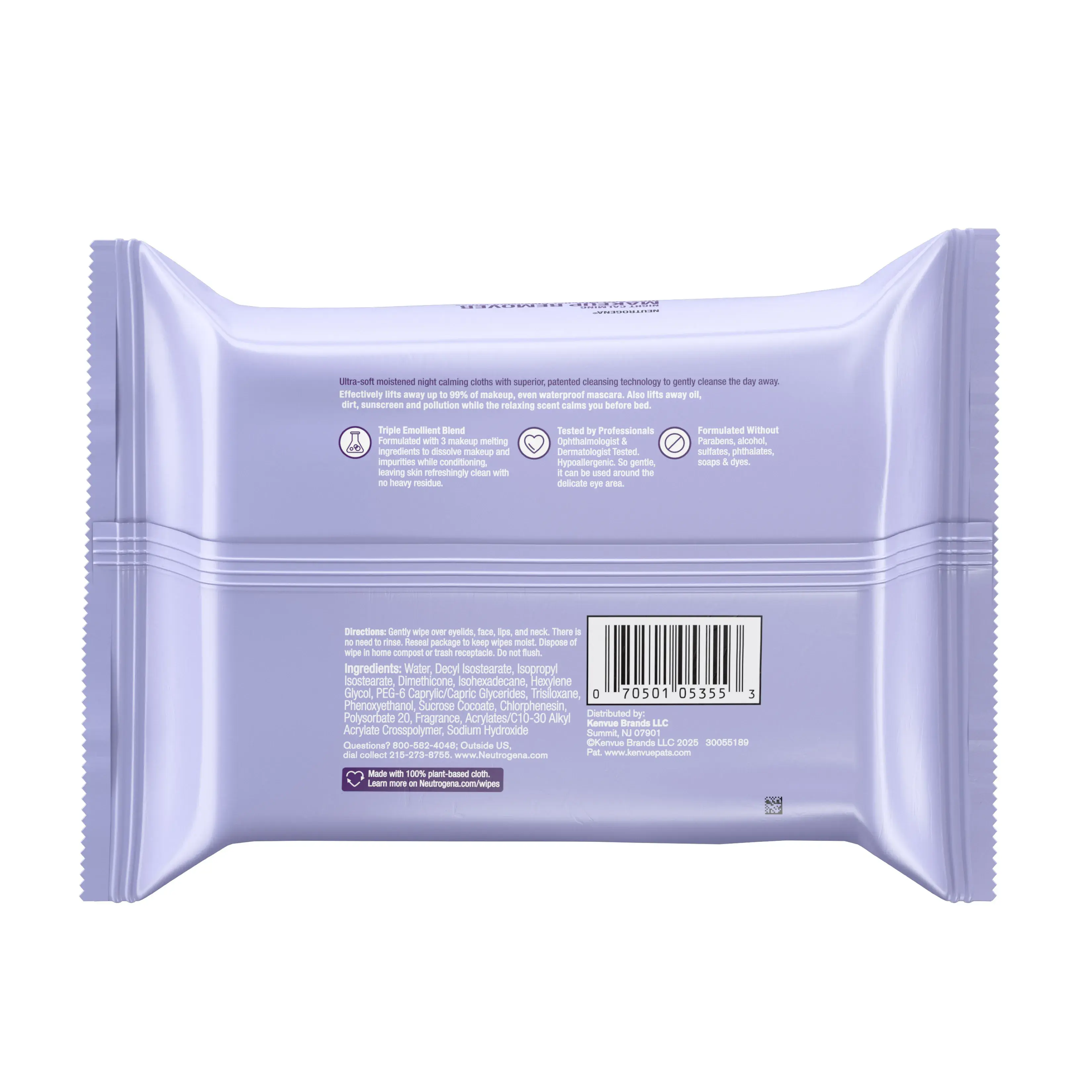 Neutrogena Night Calming Makeup Remover Ultra-Soft Micellar Wipes Back of Packaging 