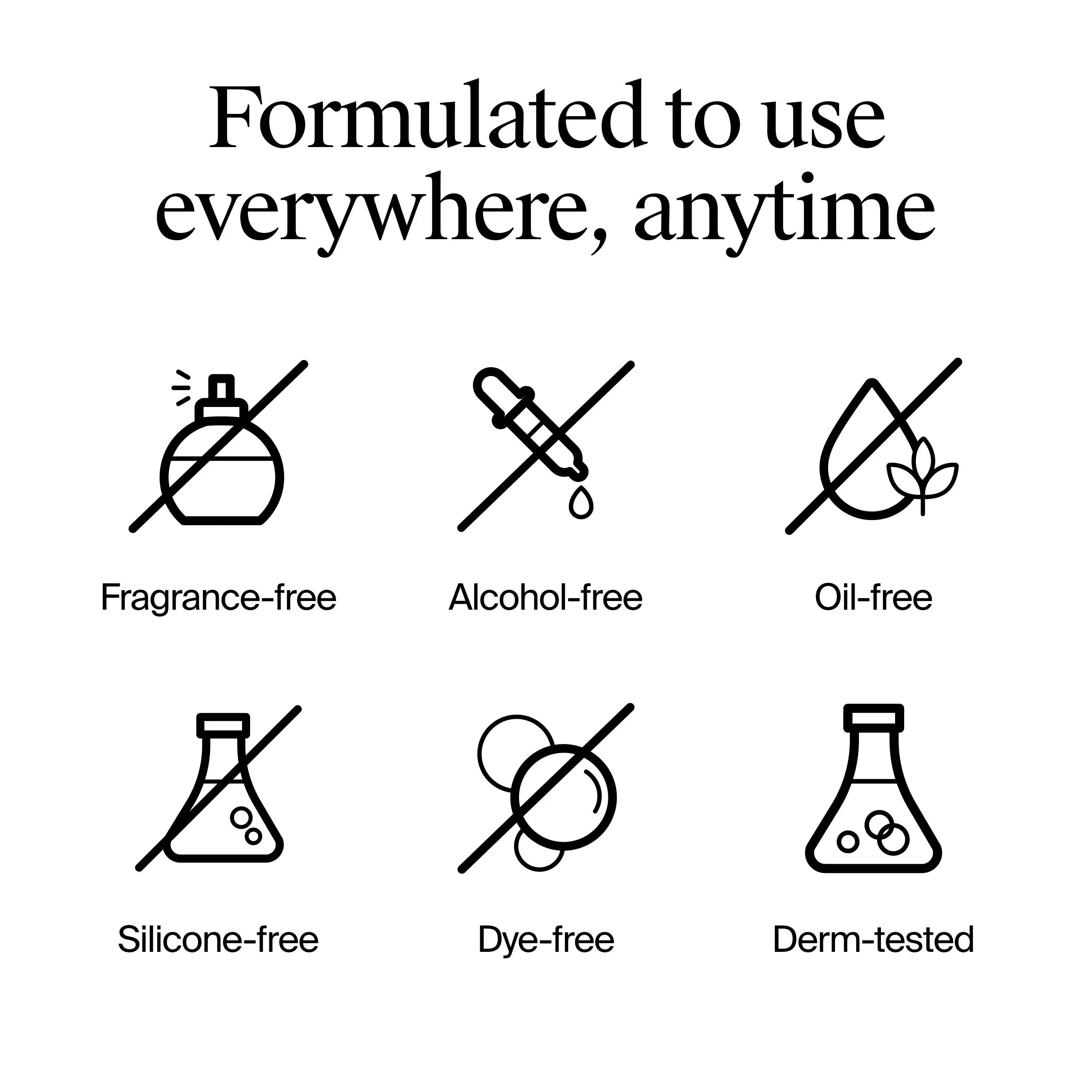 formulated to use everywhere anytime: Fragrance-free, alcohol-free, oil-free, silicone-free, dye-free, derm-tested