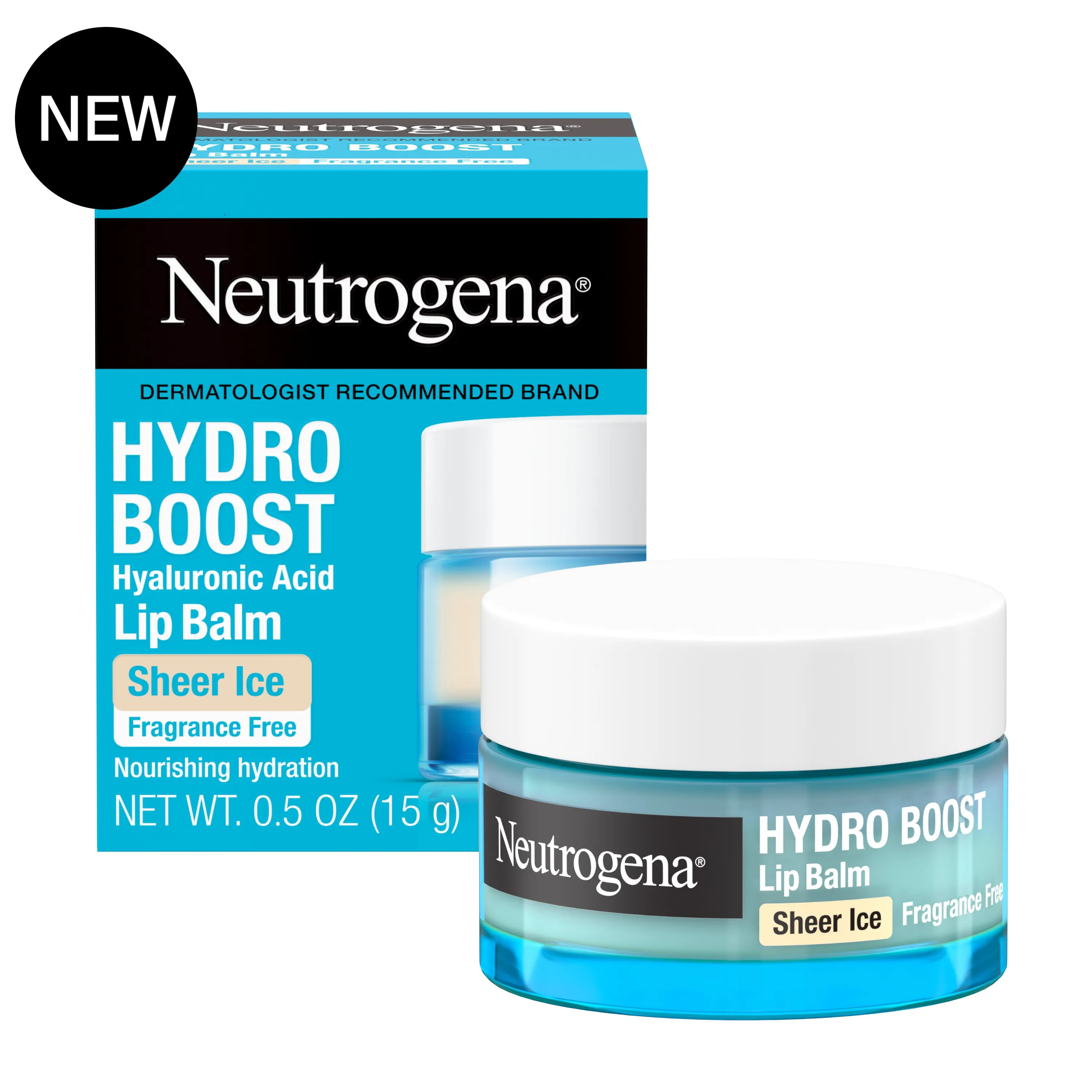 Neutrogena Hydro Boost Hyaluronic Acid Lip Balm, Sheer Ice, 0.5 oz. front image with badge.