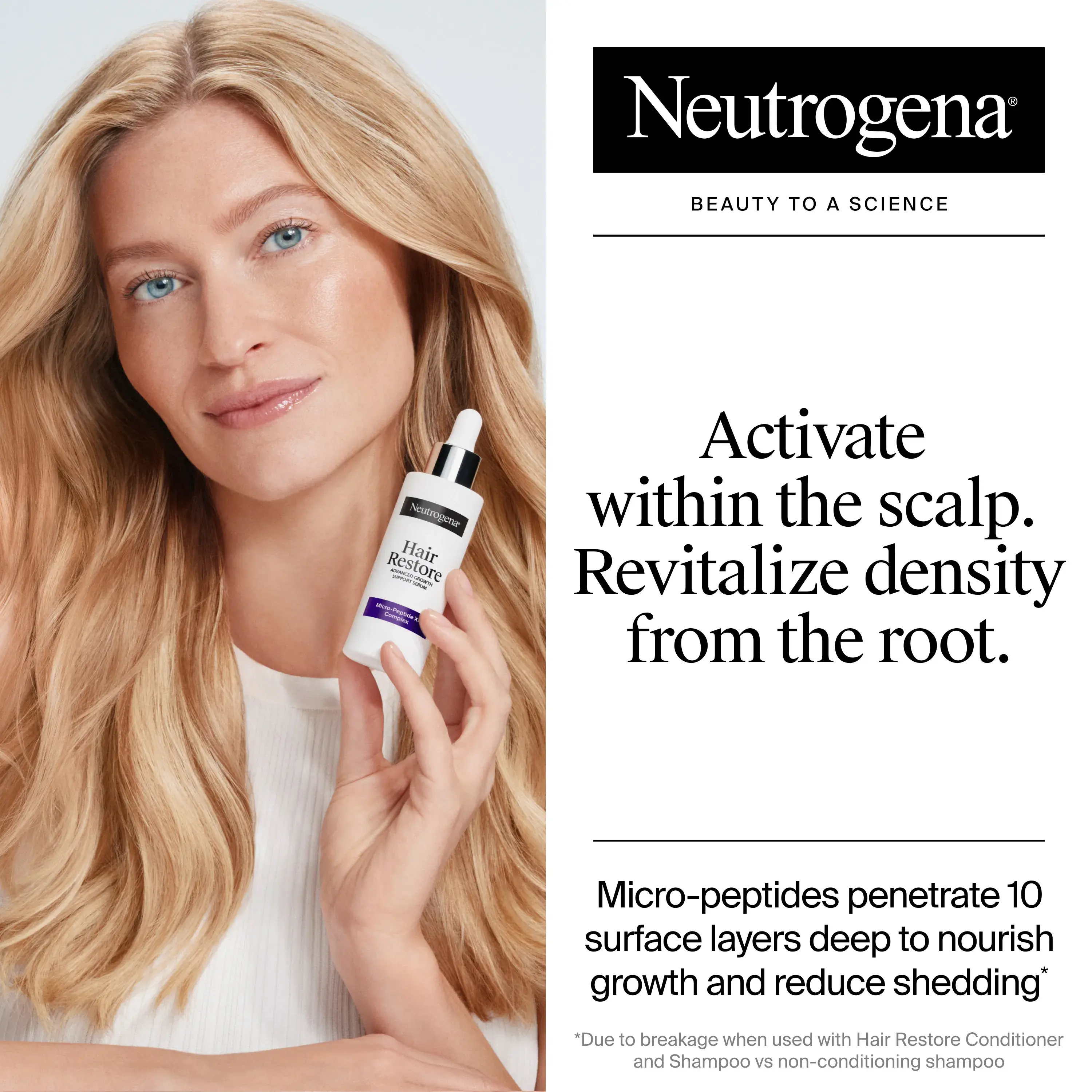 With Hair Restore Strength, Activate within the scalp. Revitalize density from the root. Micro-peptides penetrate 10 surface layers deep to nourish growth and reduce shedding