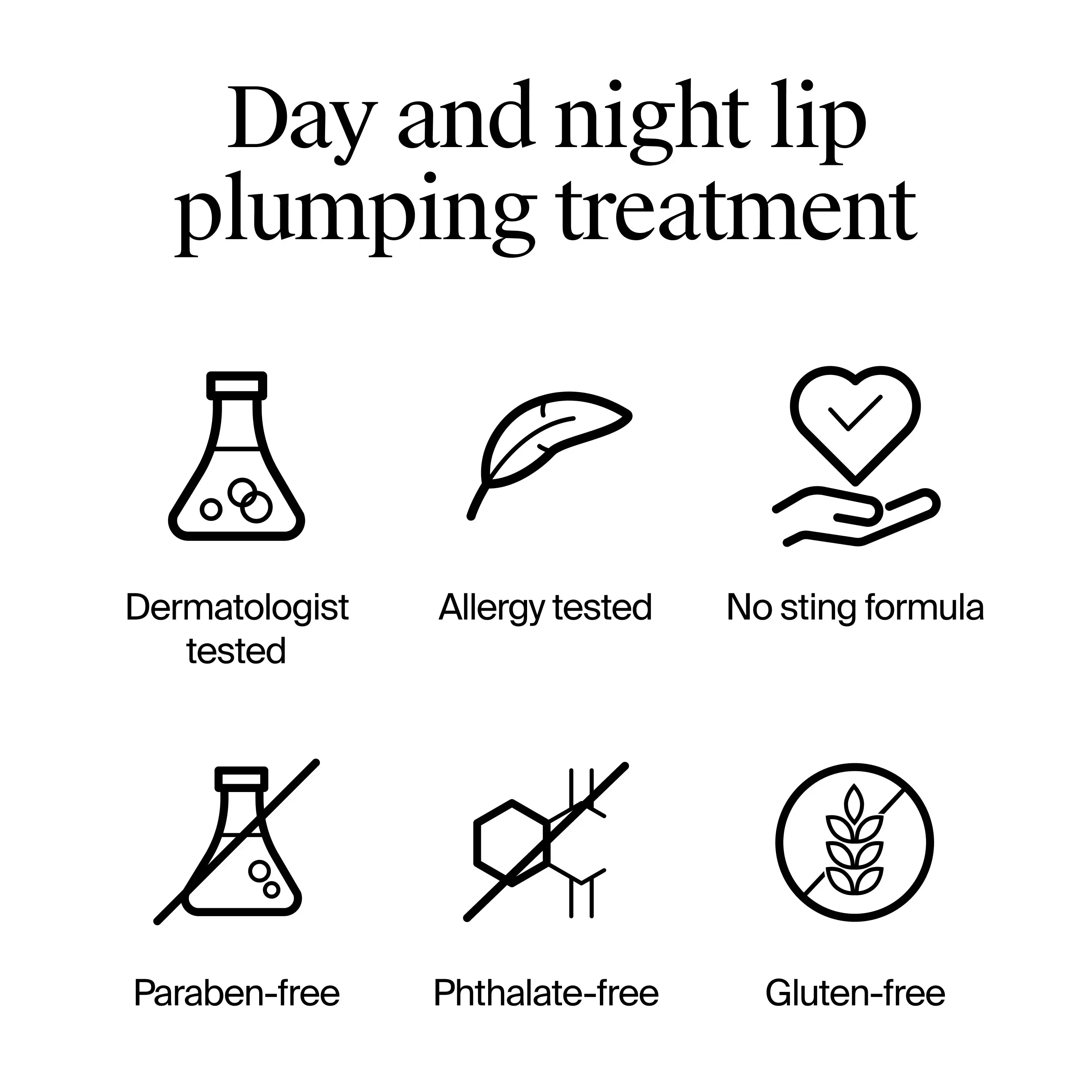 Day and night lip plumping treatment: dermatologist tested, allergy tested, no sting formula, paraben-free, phthalate-free, gluten-free