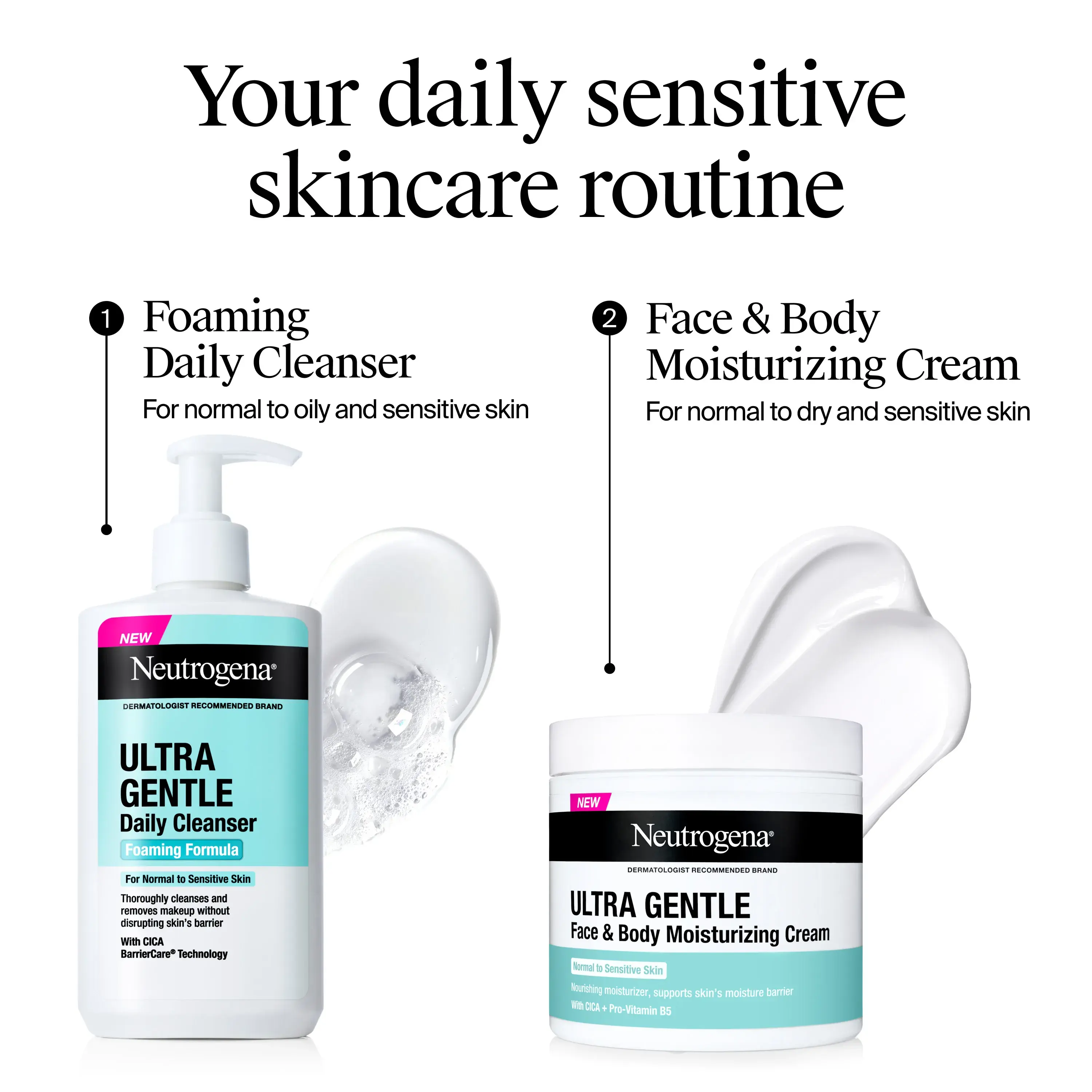Your daily sensitive skincare routine, Foaming daily cleanser and face & body daily moisturizing cream