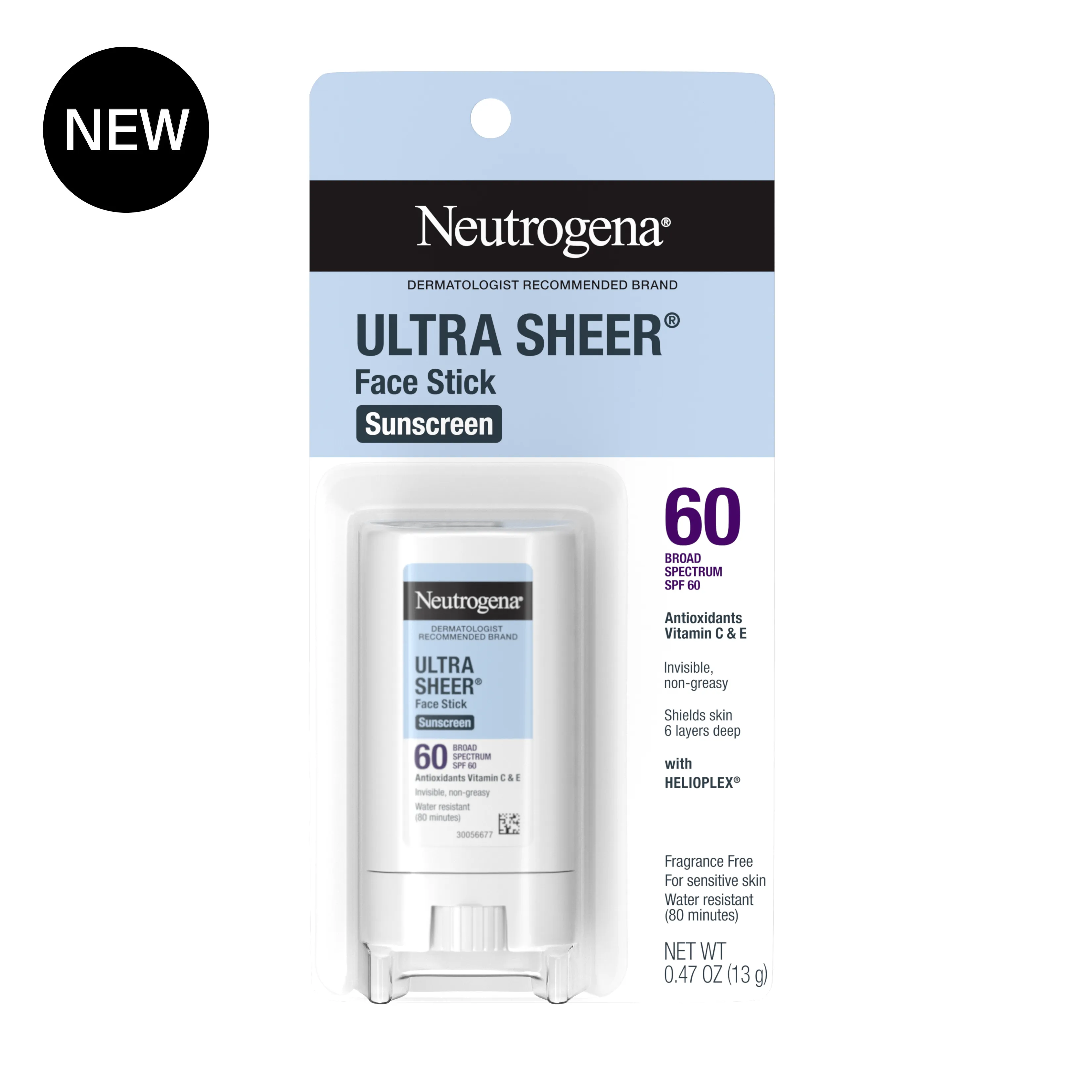Neutrogena Ultra Sheer SPF 60 Face Sunscreen Stick, Non-Greasy, .47 oz, front image with badge.