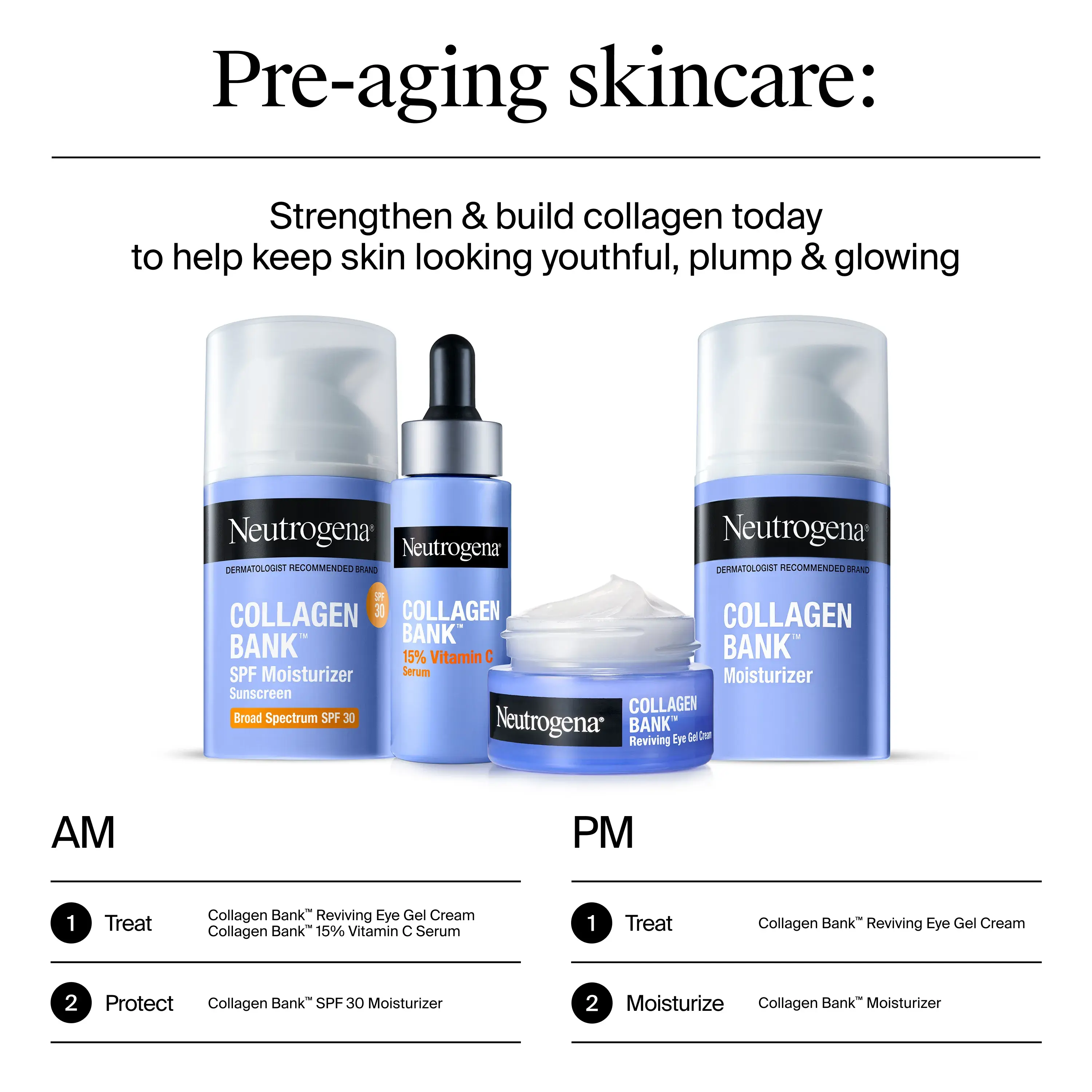 Pre-aging skincare. Strengthen & build collagen today to help you keep skin looking youthful.