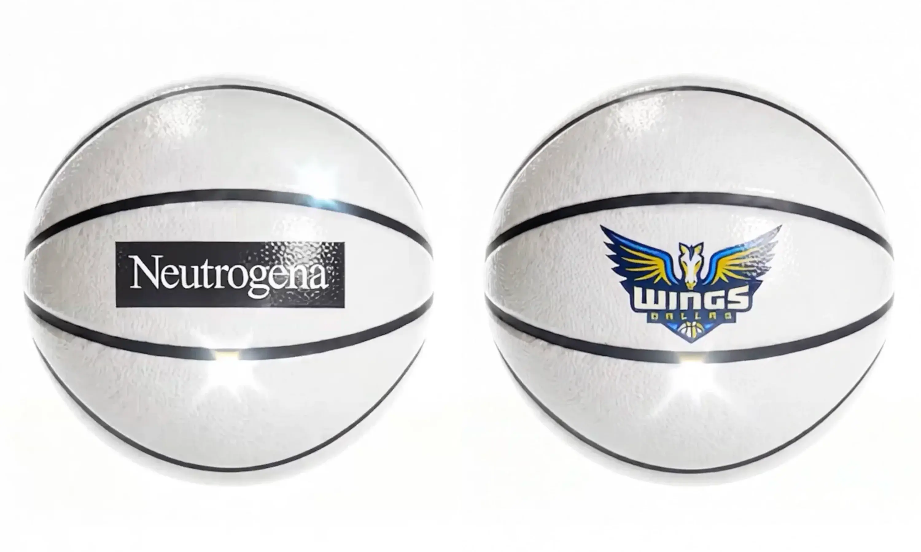 Two Basketballs, one displaying the Neutrogena® logo the other displaying the Dallas Wings logo